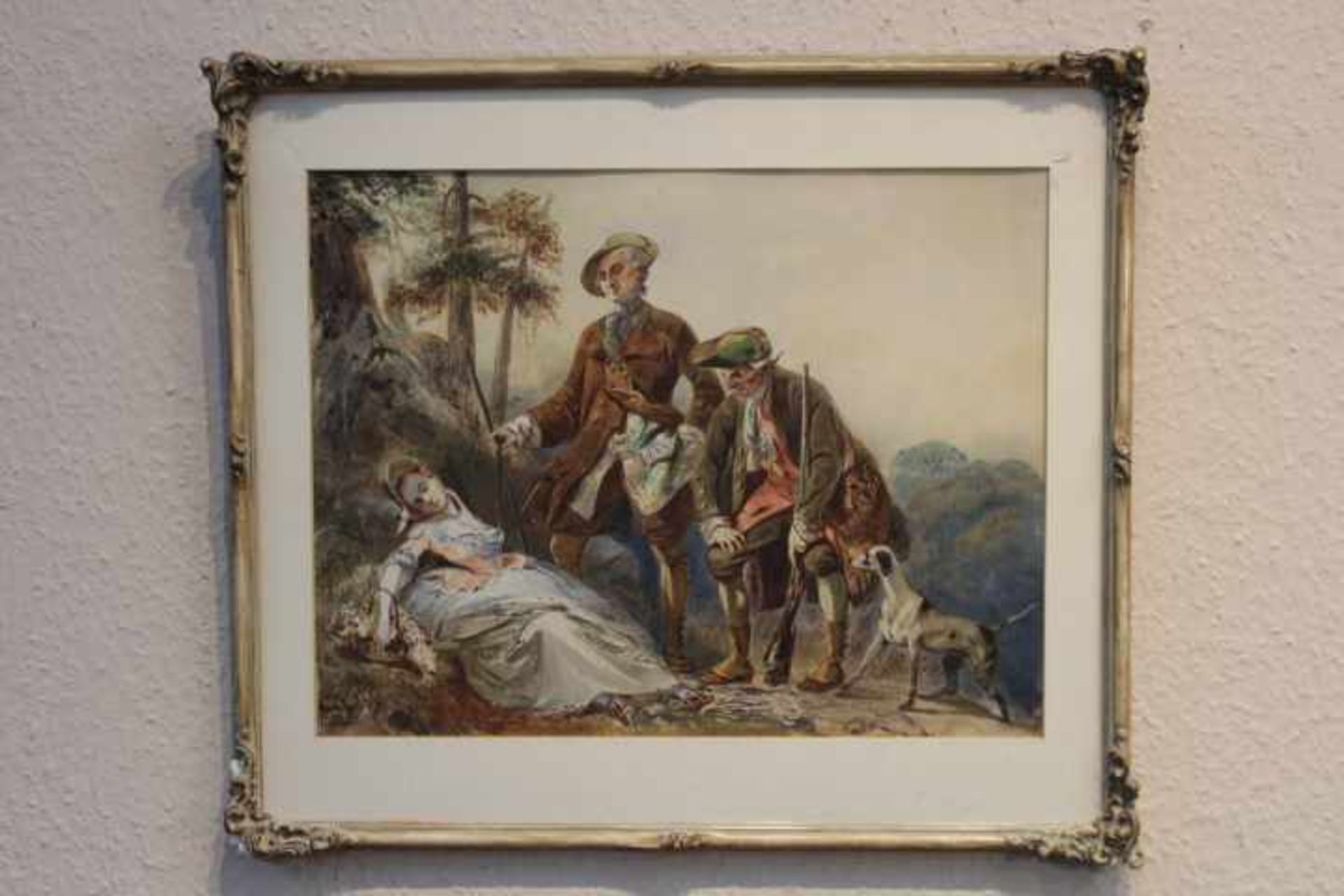 Girand, E.Gouache2 Jäger finden junge erschöpfteDameWohl 19.Jhdt.Li.u.bez.E.Girand39x30cmGerahmt