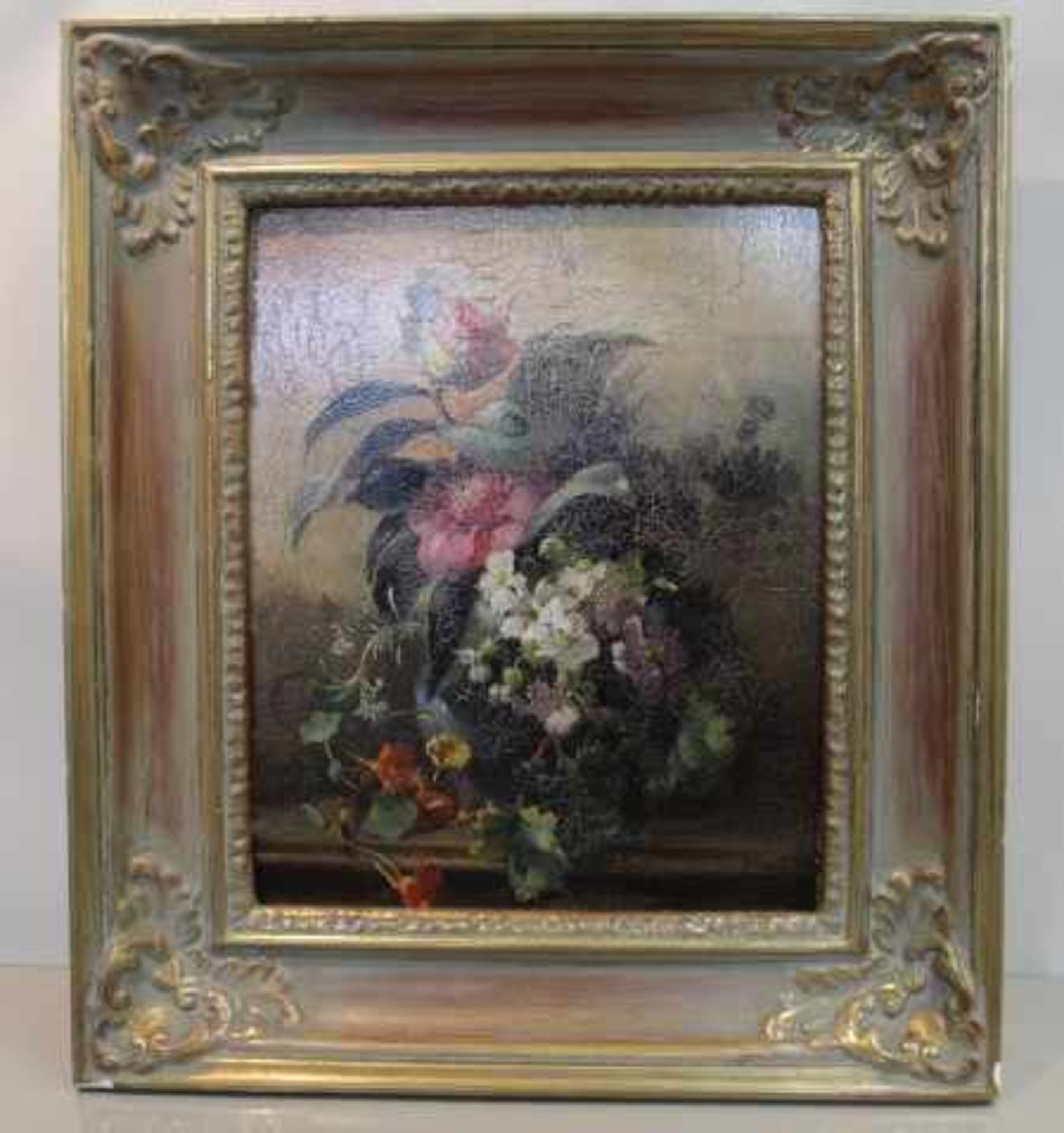 Peters Anna 1843-1926 ? » Blumen in Vase « Starke Craquele Öl / Holzplatte Rs.Alter Klebezettel