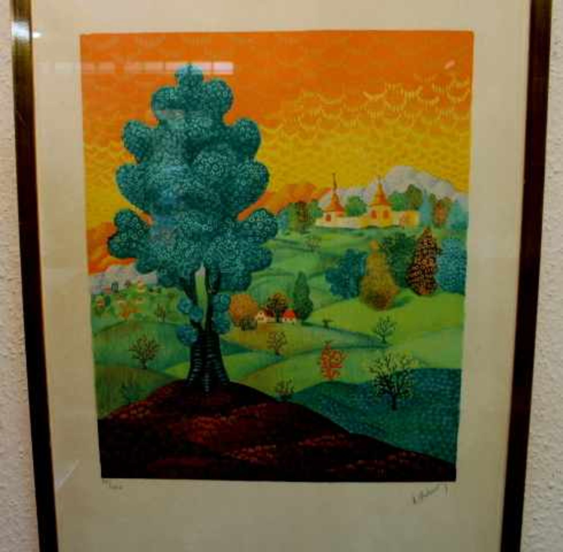 Bahunek Antun 1912 Croatien » Landschaft mit Baum « Farblithographie 32/100 53 x 43cm gerahmt