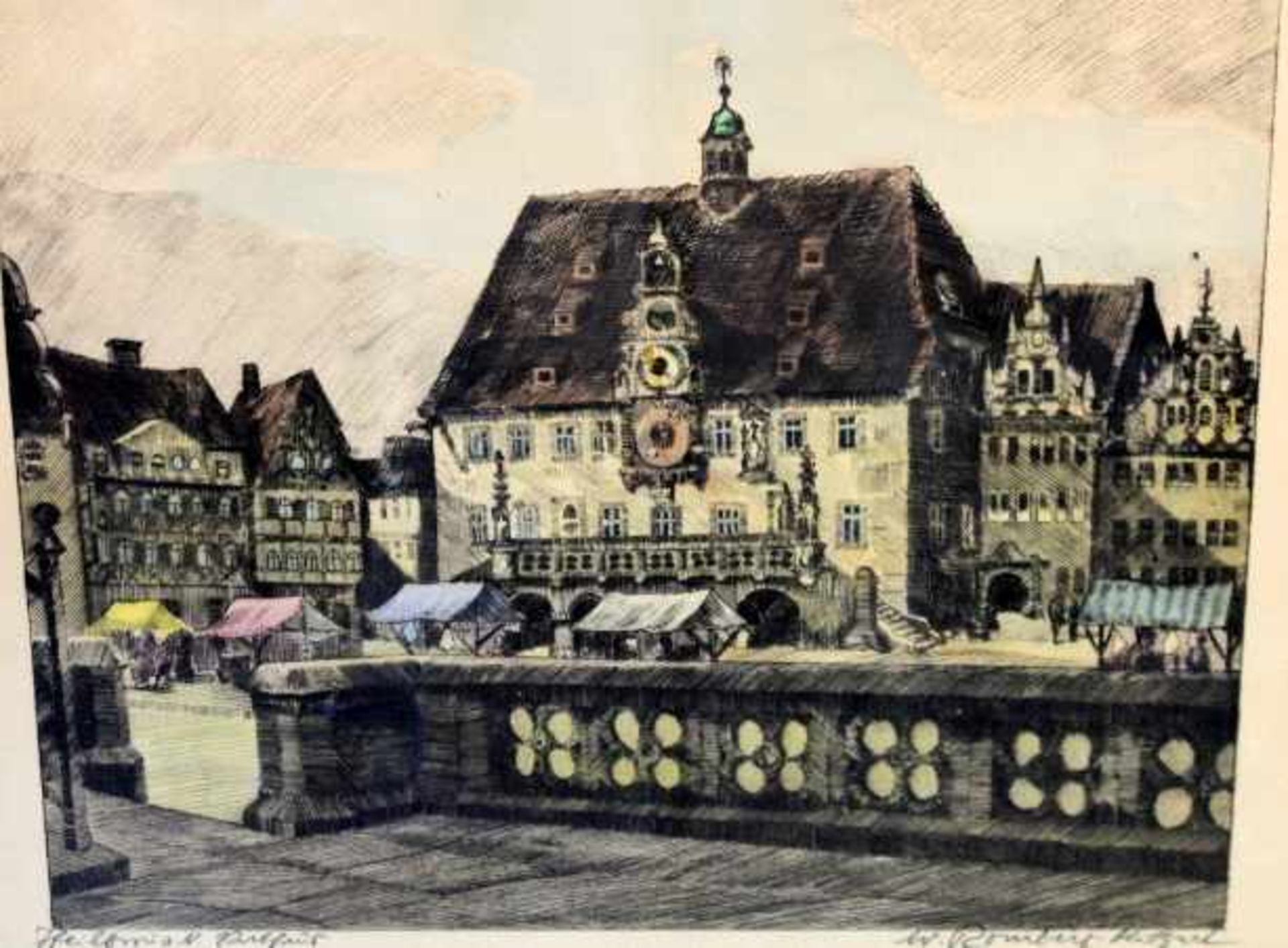 Romberg Walter1898 - 1973 StuttgartFarbradierung » Heilbronn am Neckar-- Rathaus« 25 x 32