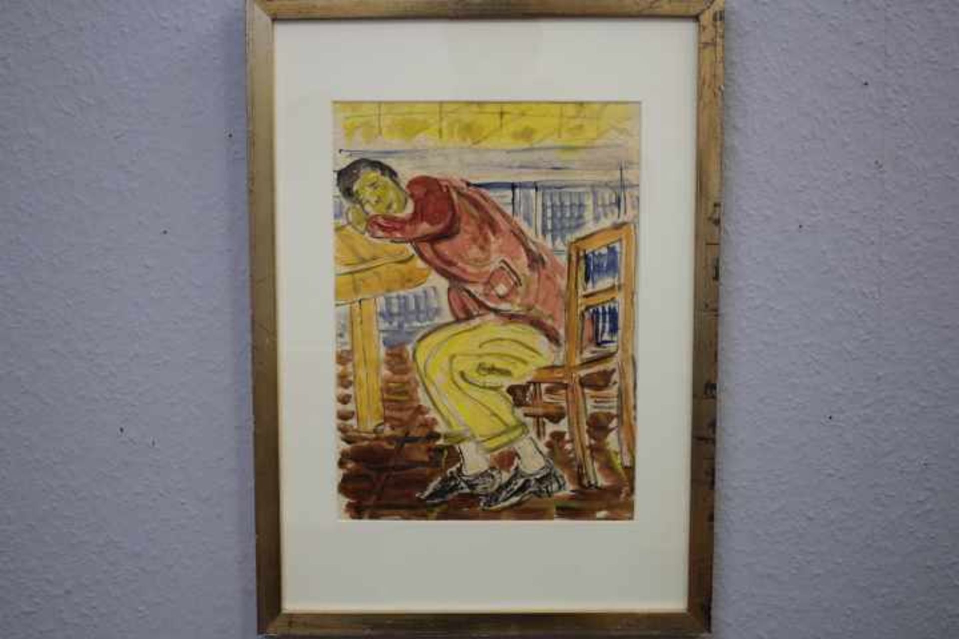 Schopf Gustav 1899-1987 Stuttgart » Wartesaal « Gouache 37x52cm Gerahmt / Hinterglas- - -20.00 %