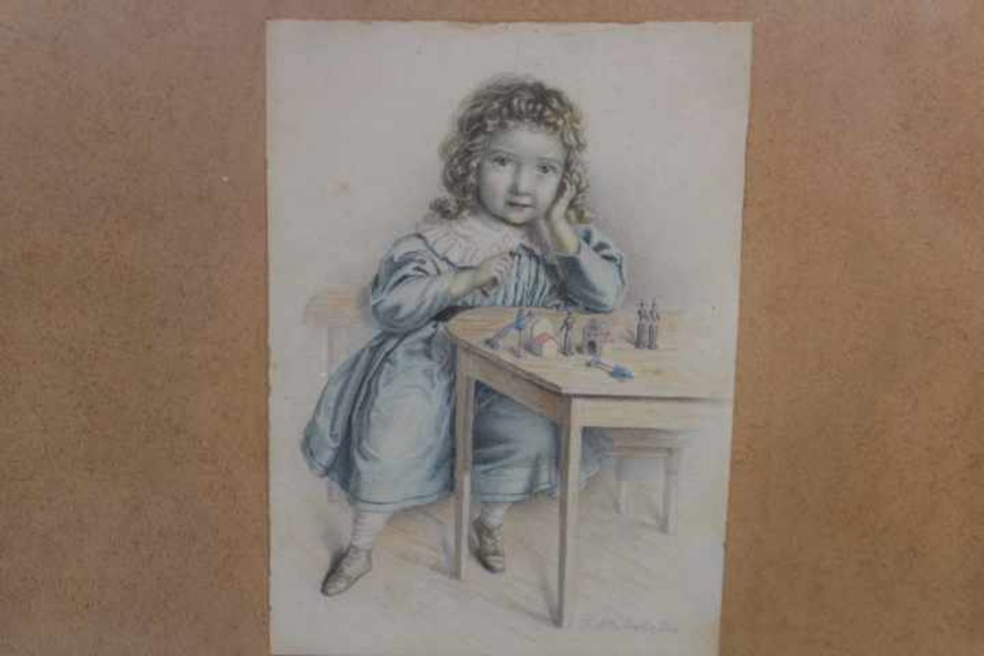 Winterhalter F.1805-1873 » Mädchen am Tisch mit Soldatenfiguren « Aquarell/Bleistift 16x12cm