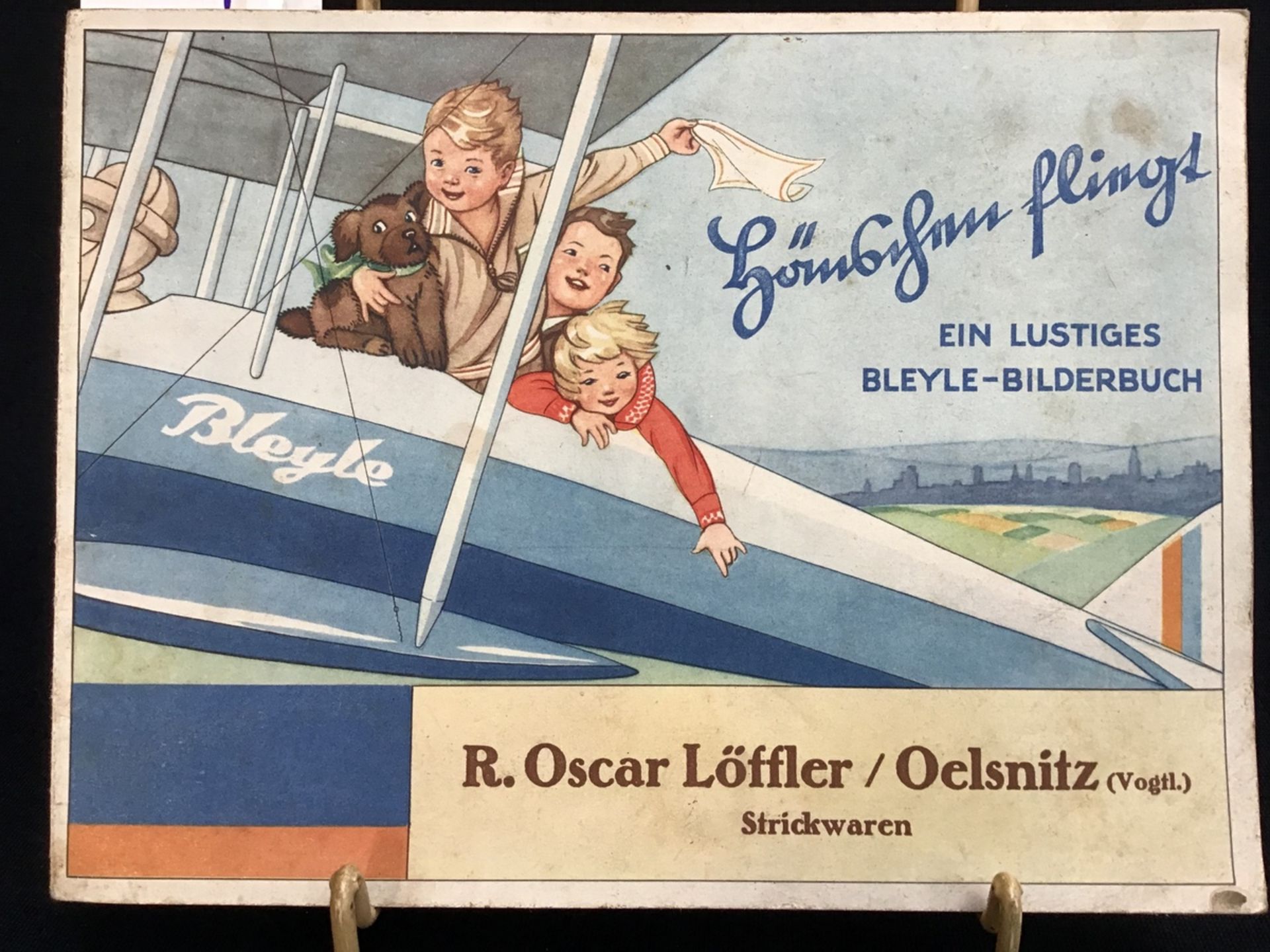 ""Hänschen fliegt" ein lustiges Bleyle-Bilderbuch, 1930 Bleyle Stuttgart, Werbung überreicht von R.