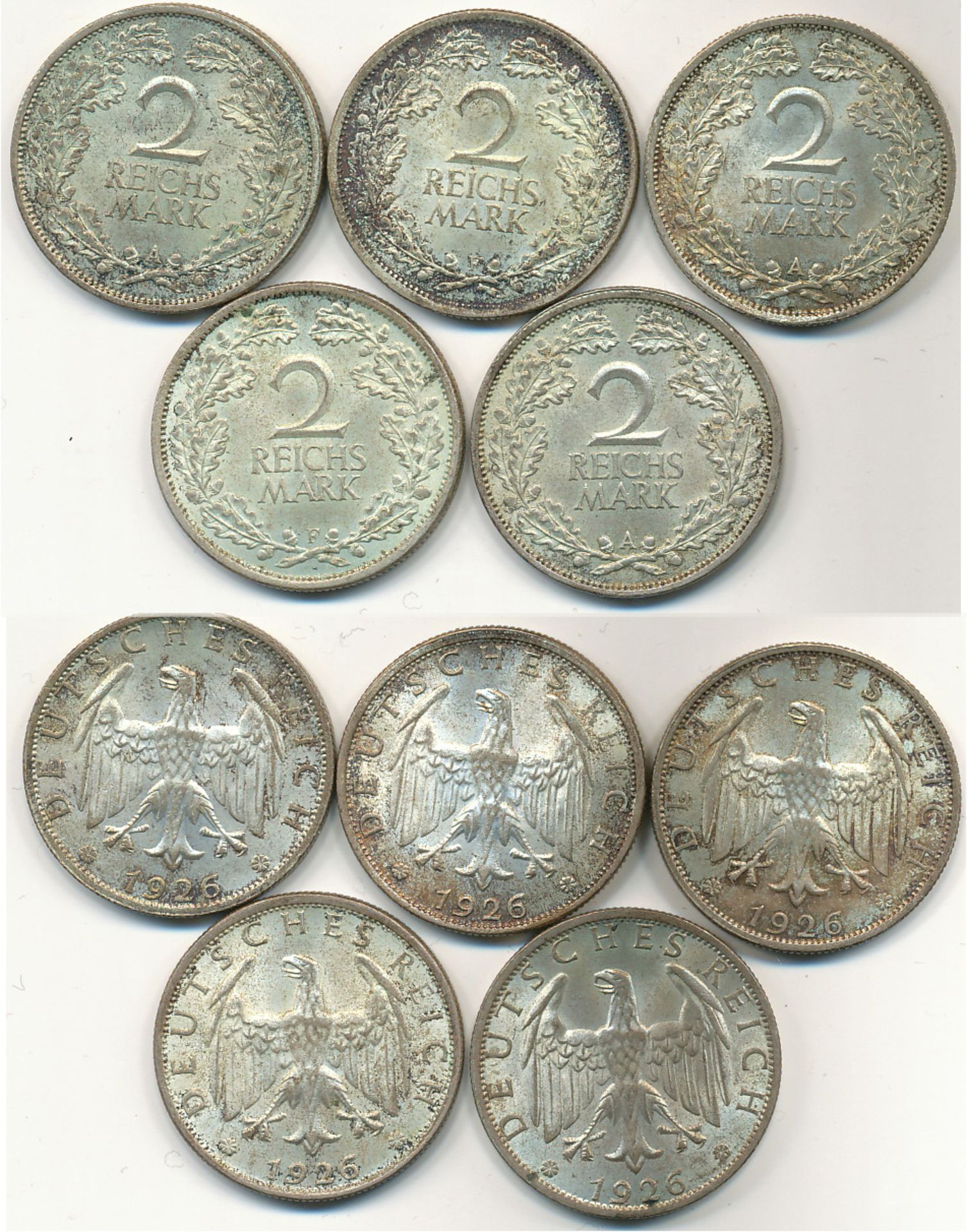 Weimarer Republik Lot 5 Stück 2 Reichsmark 1926 versch. Prägestätten vz