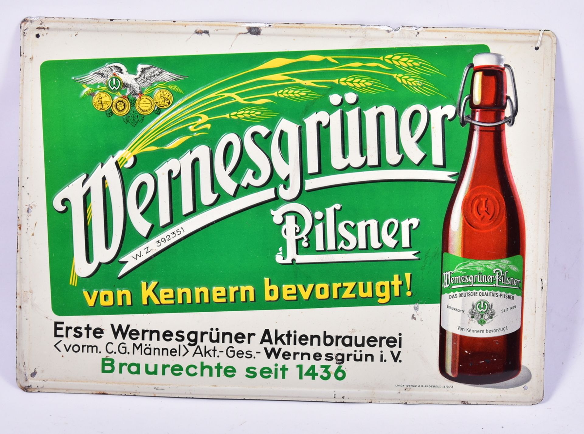 Blechschild "Wernesgrüner Pilsner", geprägt u. lithographiert, unten rechts: Union-Werke A.-G.