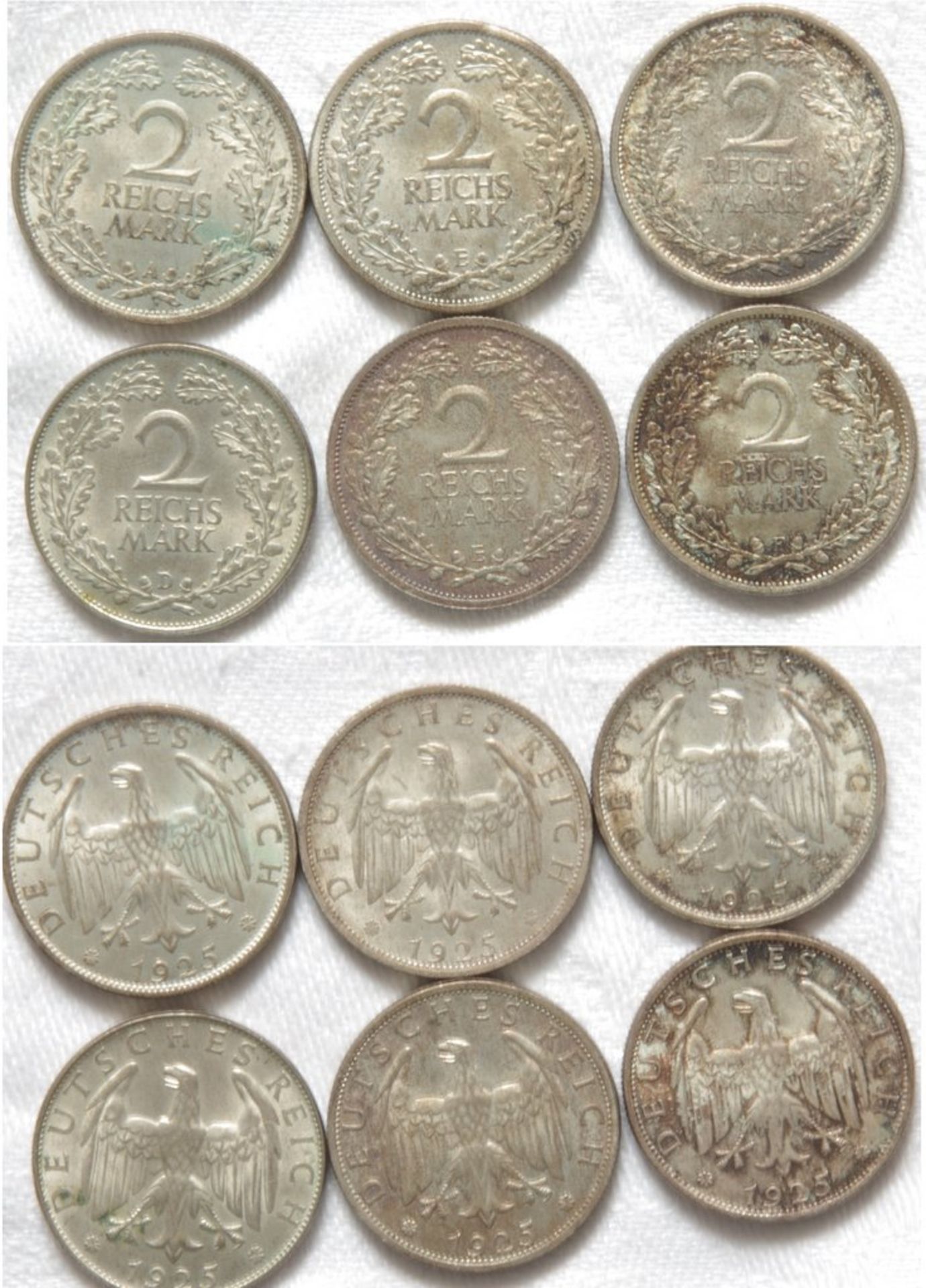 Weimarer Republik Lot 6 Stück 2 Reichsmark 1925 versch. Prägestätten vz