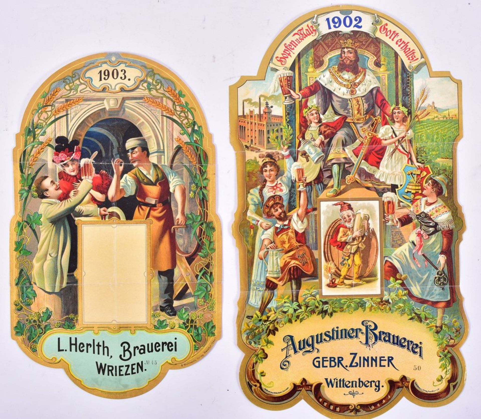 Große Glanzbild Werbe-Oblaten (Papier), "Brauerei L.Herlth Wriezen Brandenburg" u. "August.
