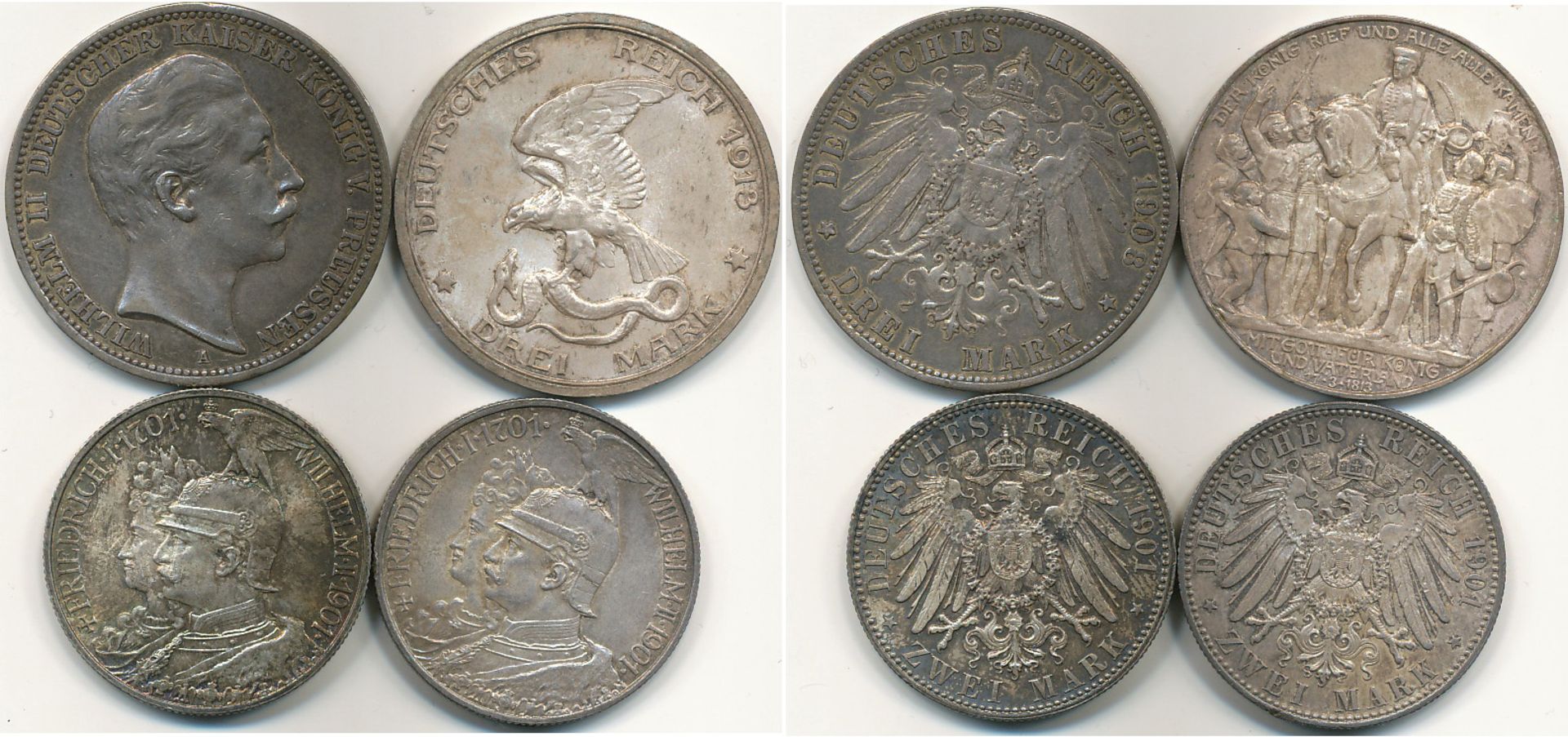 Kaiserreich Preußen Wilhelm II. 1888 – 1918 2 x 2 Mark 200 Jahre Königreich 1901, 3 Mark 1908 und
