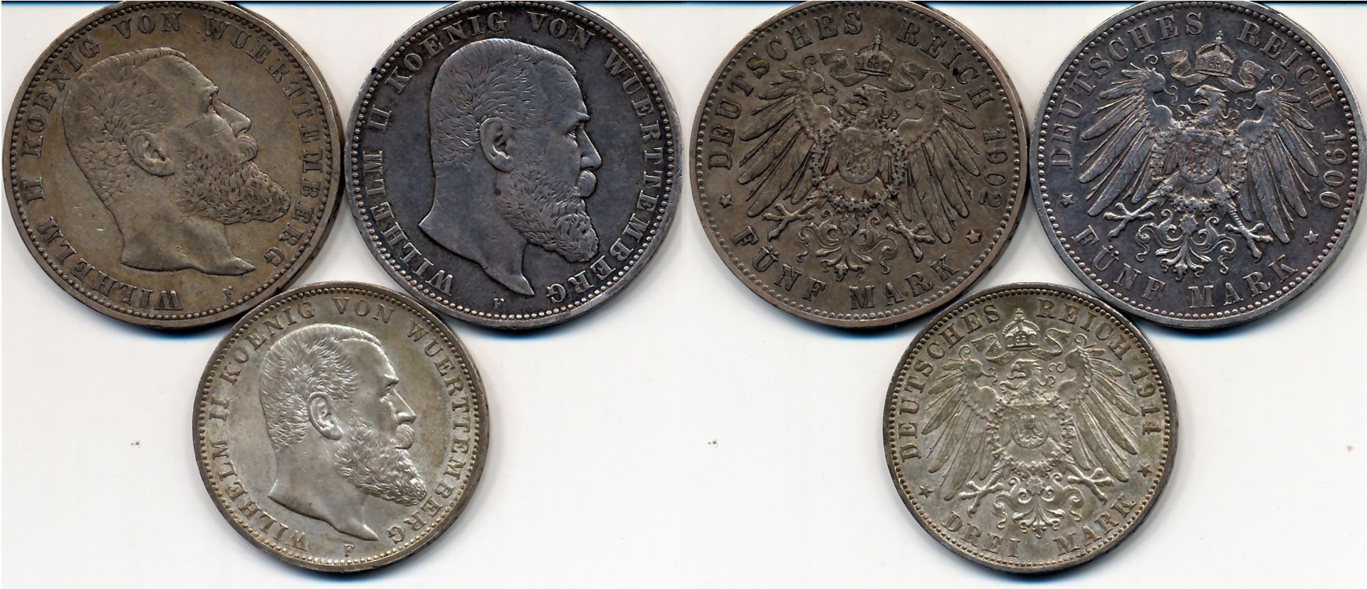 Kaiserreich Württemberg Wilhelm II. 1891 – 1918 2 x 5 Mark 1900 und1902, 3 Mark 1914 ss/vz