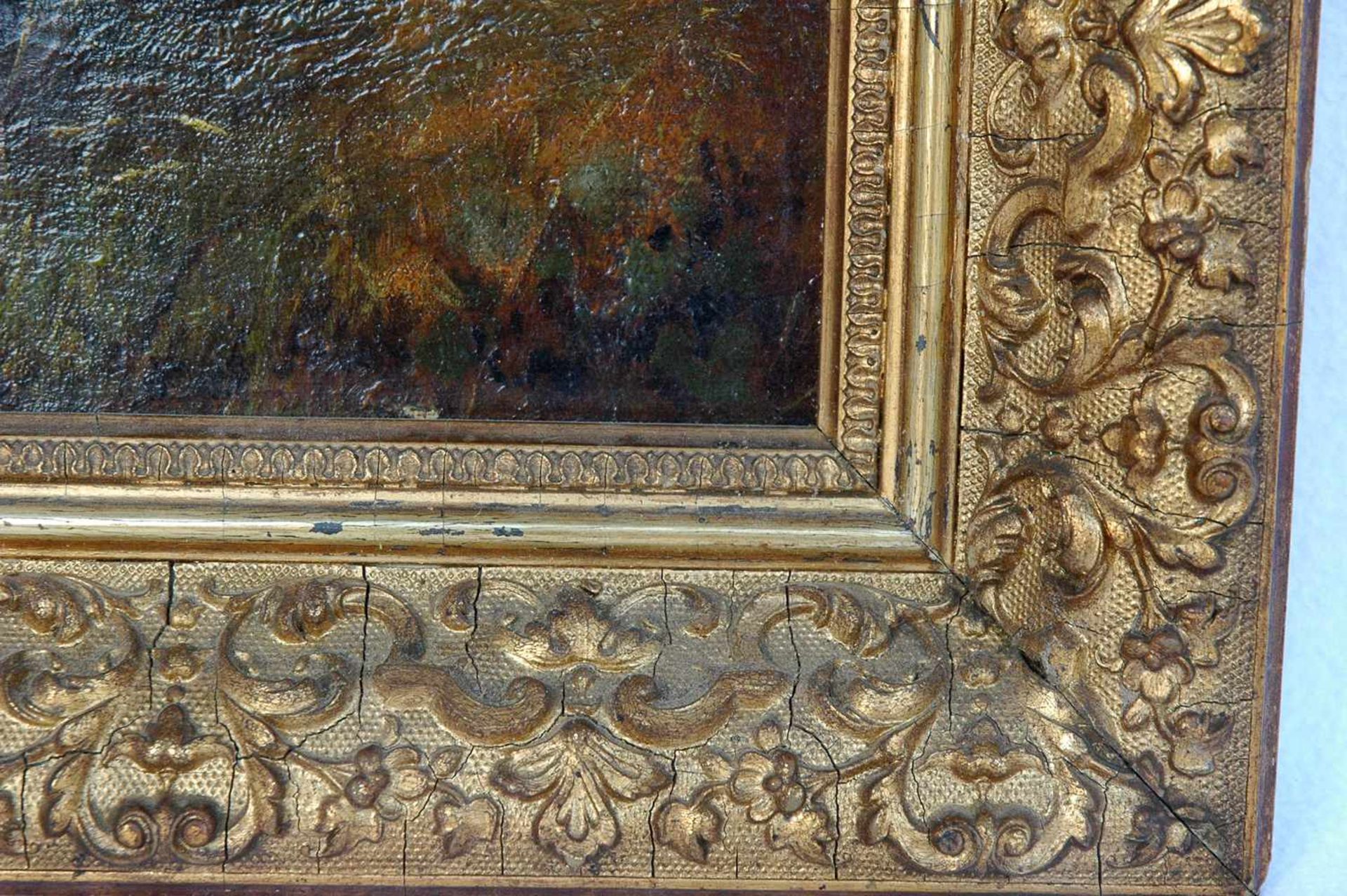 Ölbild auf Holz, Signatur unleserlich E.?, Kühe im Fluß, im 7 cm reich verziertem Goldrahmen, 29 x - Bild 3 aus 4