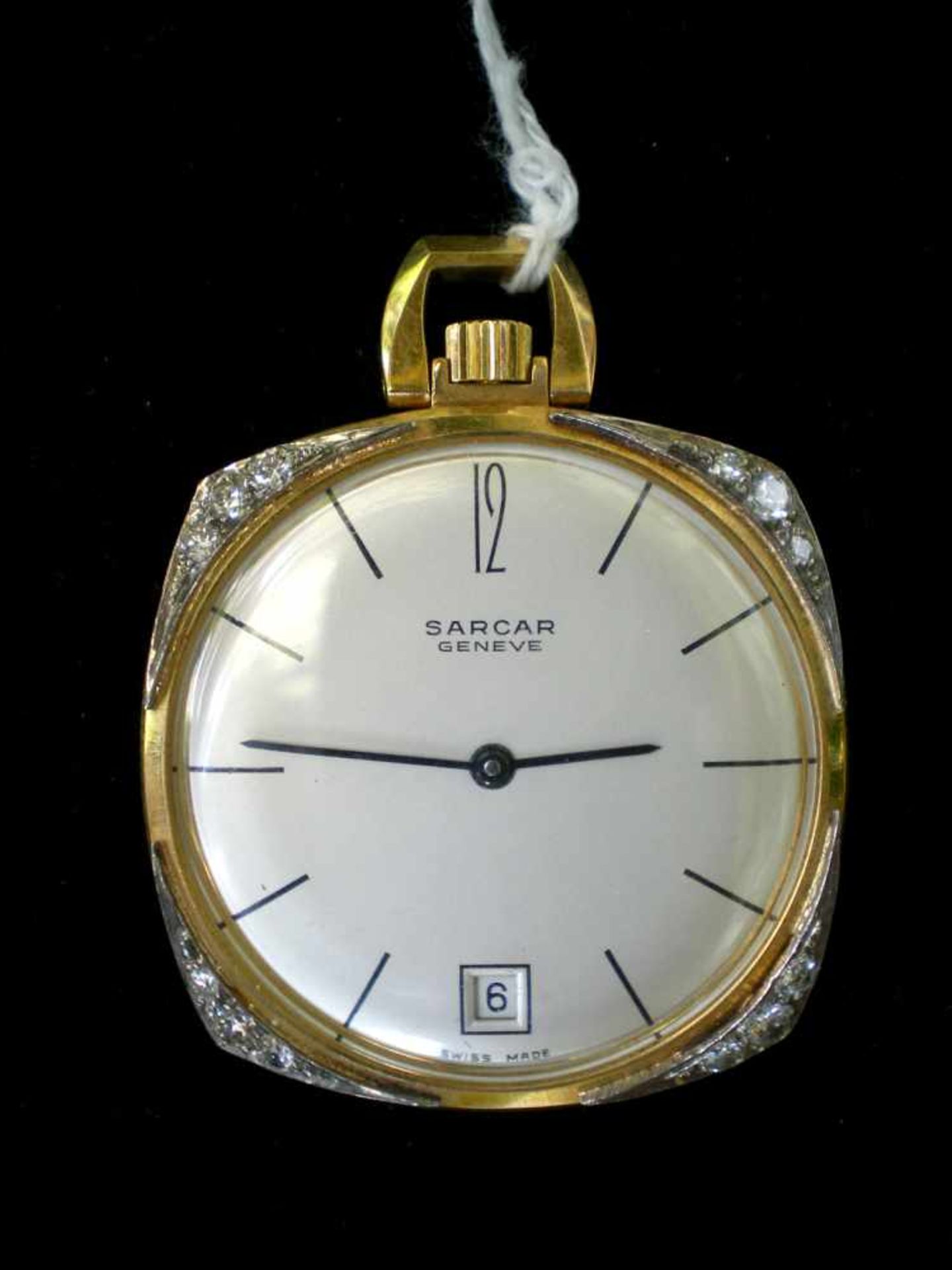 Taschenuhr, quadratische Form, Sarcar Geneve, 750/- GG (18K), Datumanzeige, Brillis?, 3,5 cm, - Bild 3 aus 4