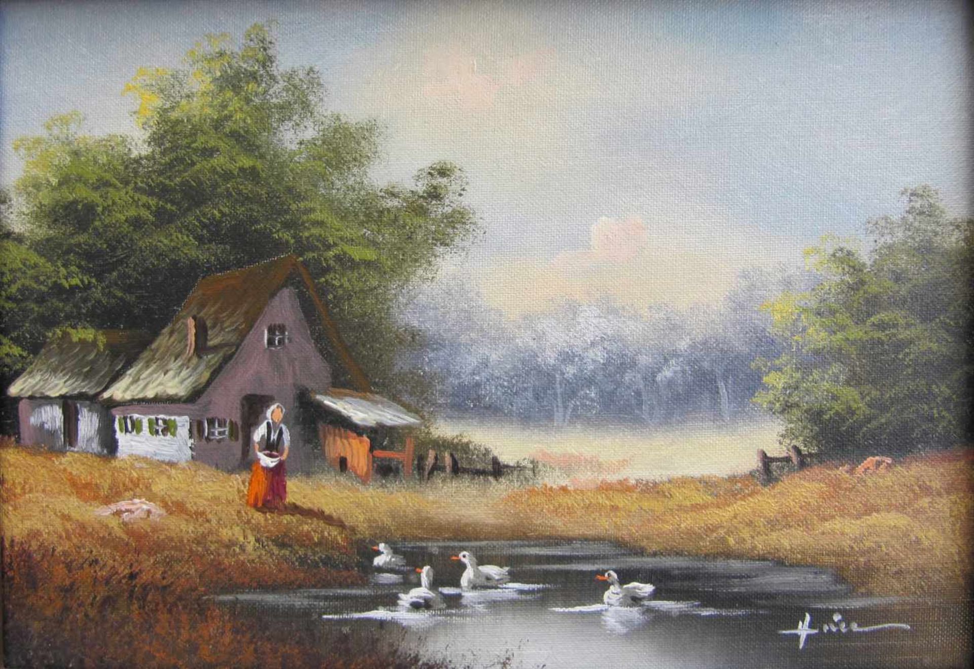 Rolf Hölter, geb. 1941 Recklinghausen, Gänsemagd am Teich, signiert unten rechts, Öl auf Holz, m.R. - Bild 2 aus 5