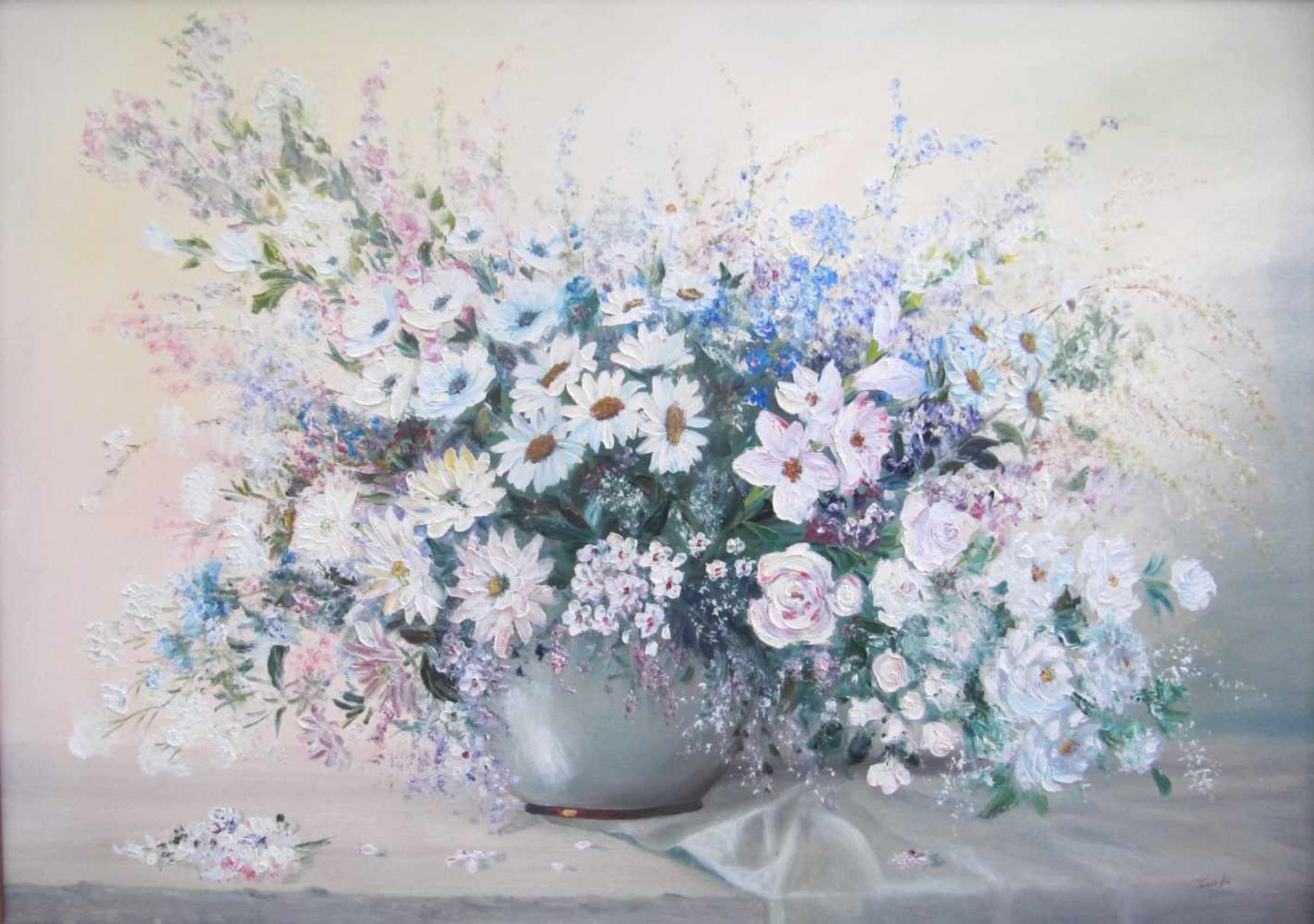 M. Poorts, Stillleben, weiße und rosa Blumen in Vase, Öl auf Leinwand2. H. 20.Jhdt., Stillleben - Bild 2 aus 7