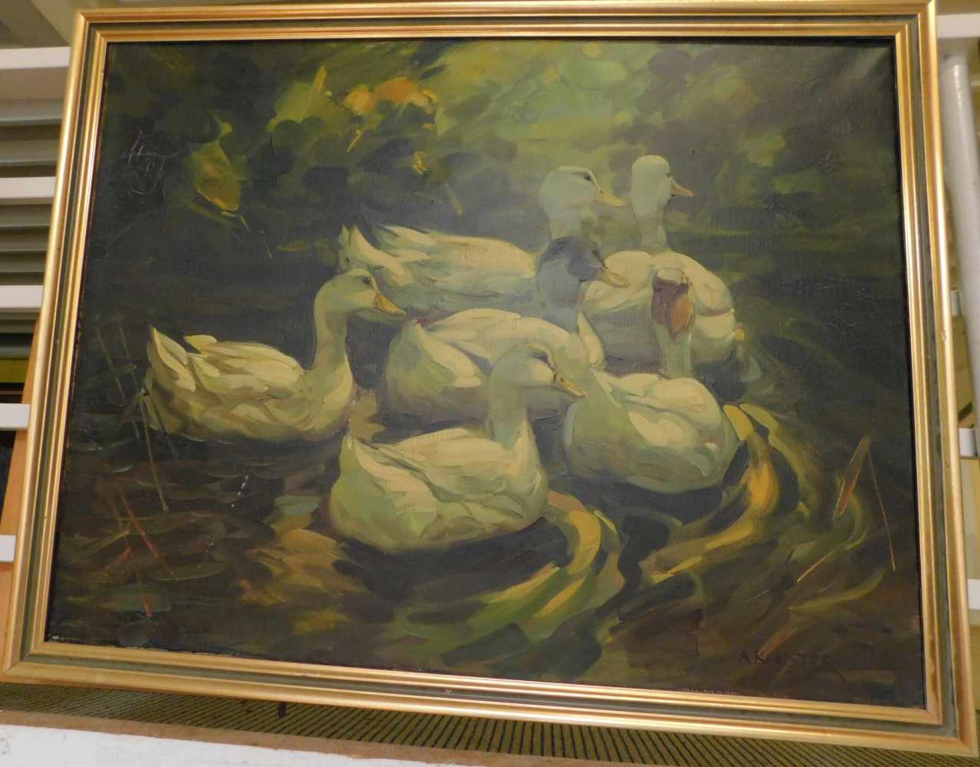 Alexander Köster, 1864-1932, Sechs Enten im Wasser, Öldruck auf Leinwand, m.R.im Druck signiert