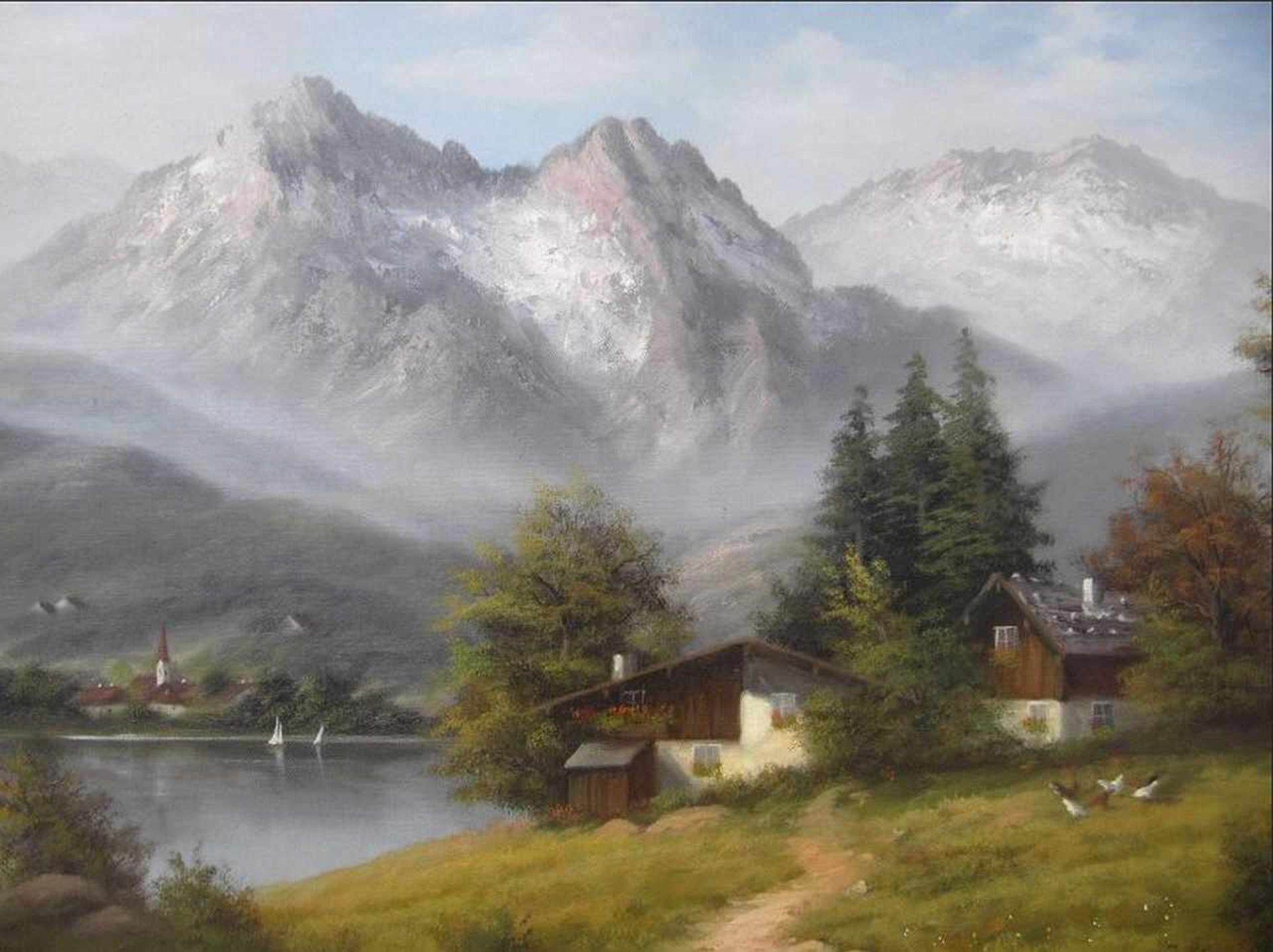 P. Paul, 2.H.20.Jhdt., Alpenpanorama mit Berghütten am See, Öl auf Leinwand, unten links signiert, - Bild 3 aus 5
