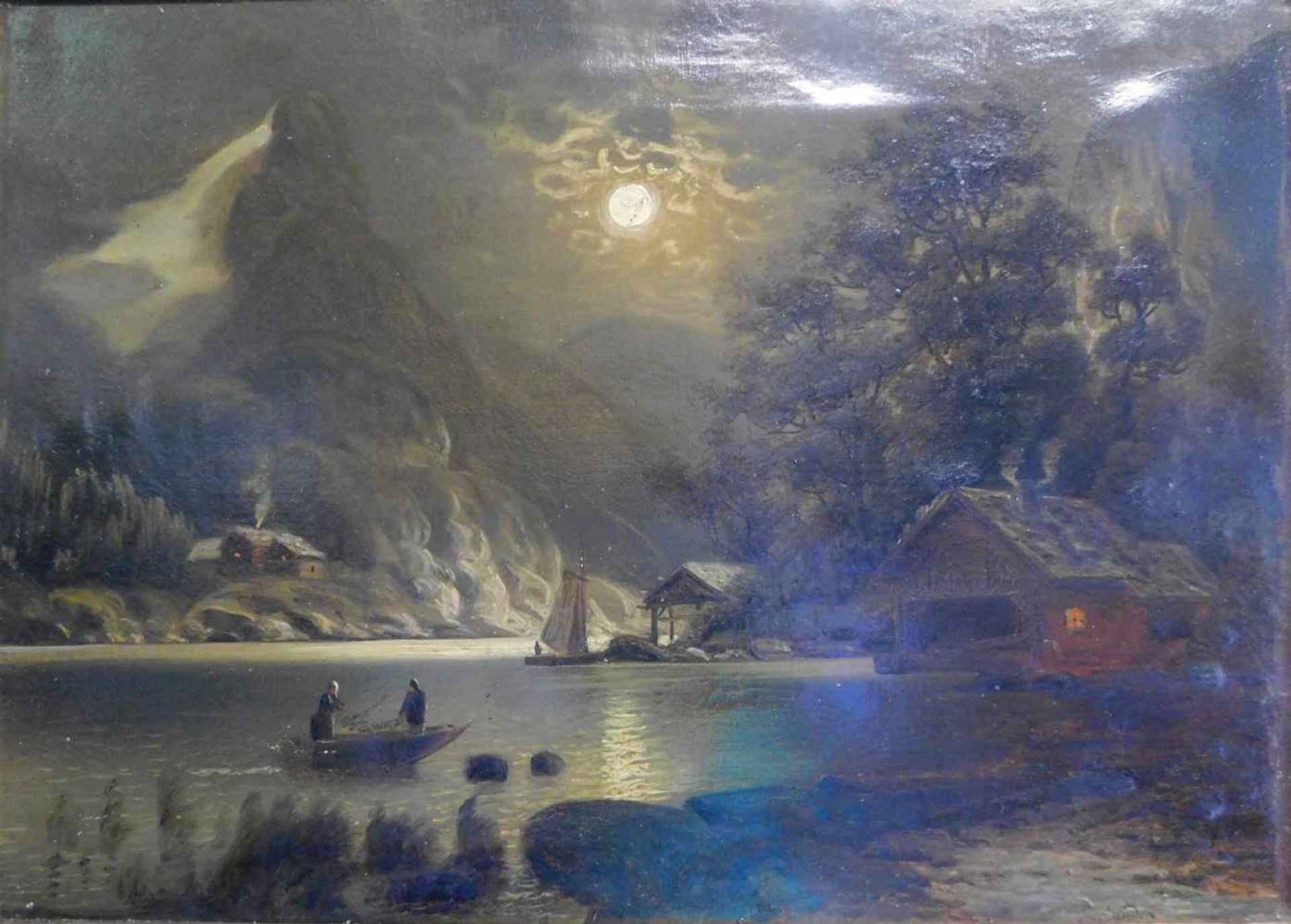 Johann Jungblut, 1860 Saarburg - 1912 Düsseldorf, signiert Sander, Mondscheinlandschaft, Öl auf - Bild 2 aus 7