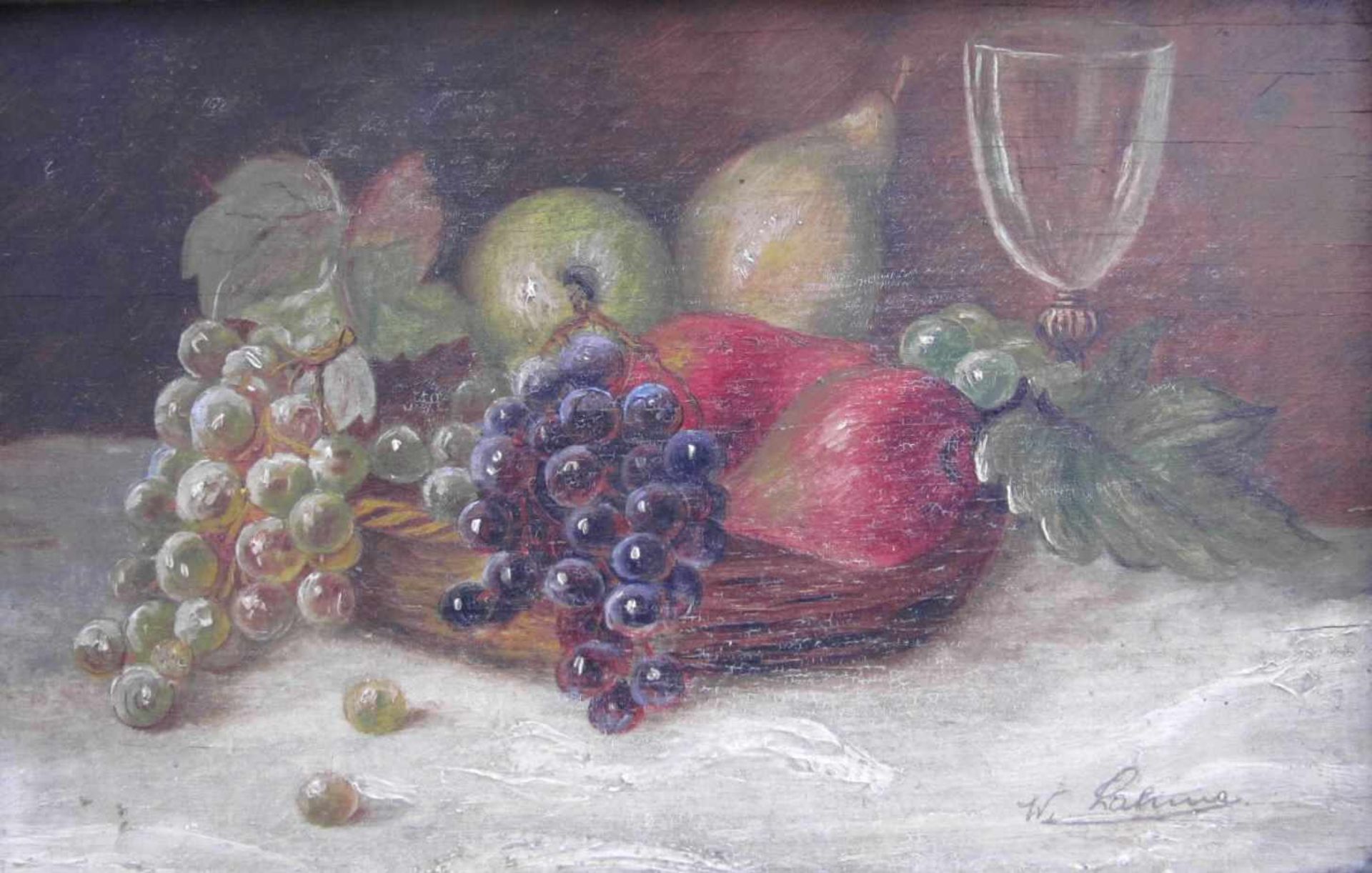 W. Lahme,1. H. 20.Jhdt., Früchte-Stillleben, Öl auf Holz, signiert unten rechts, m.R.Maße o.R. - Bild 3 aus 5
