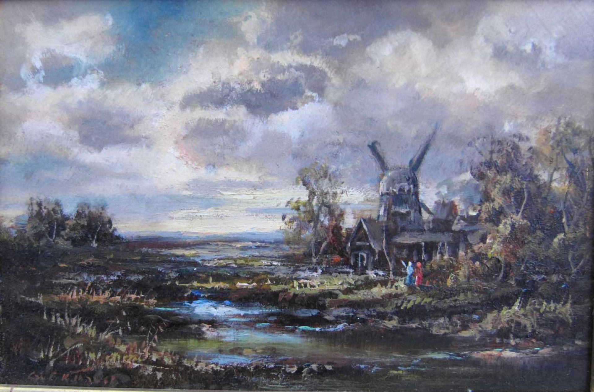 Friedrich Karl Thauer, 1924 München - 2009, Windmühle m. Personen am Fluss, Öl auf Platte, signiert, - Bild 2 aus 6