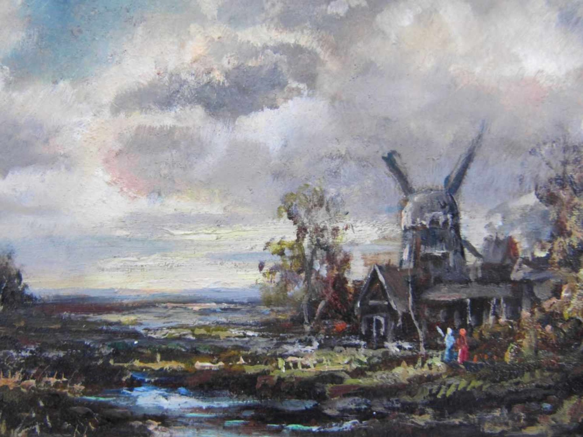 Friedrich Karl Thauer, 1924 München - 2009, Windmühle m. Personen am Fluss, Öl auf Platte, signiert, - Bild 3 aus 6