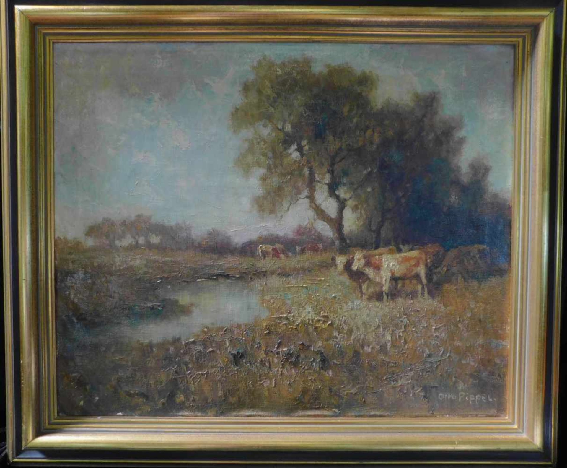 Otto Eduard Pippel, Lodz 1878 - 1960 Planegg/München, Kühe am Wasser, Öl auf Leinwand, m.R.