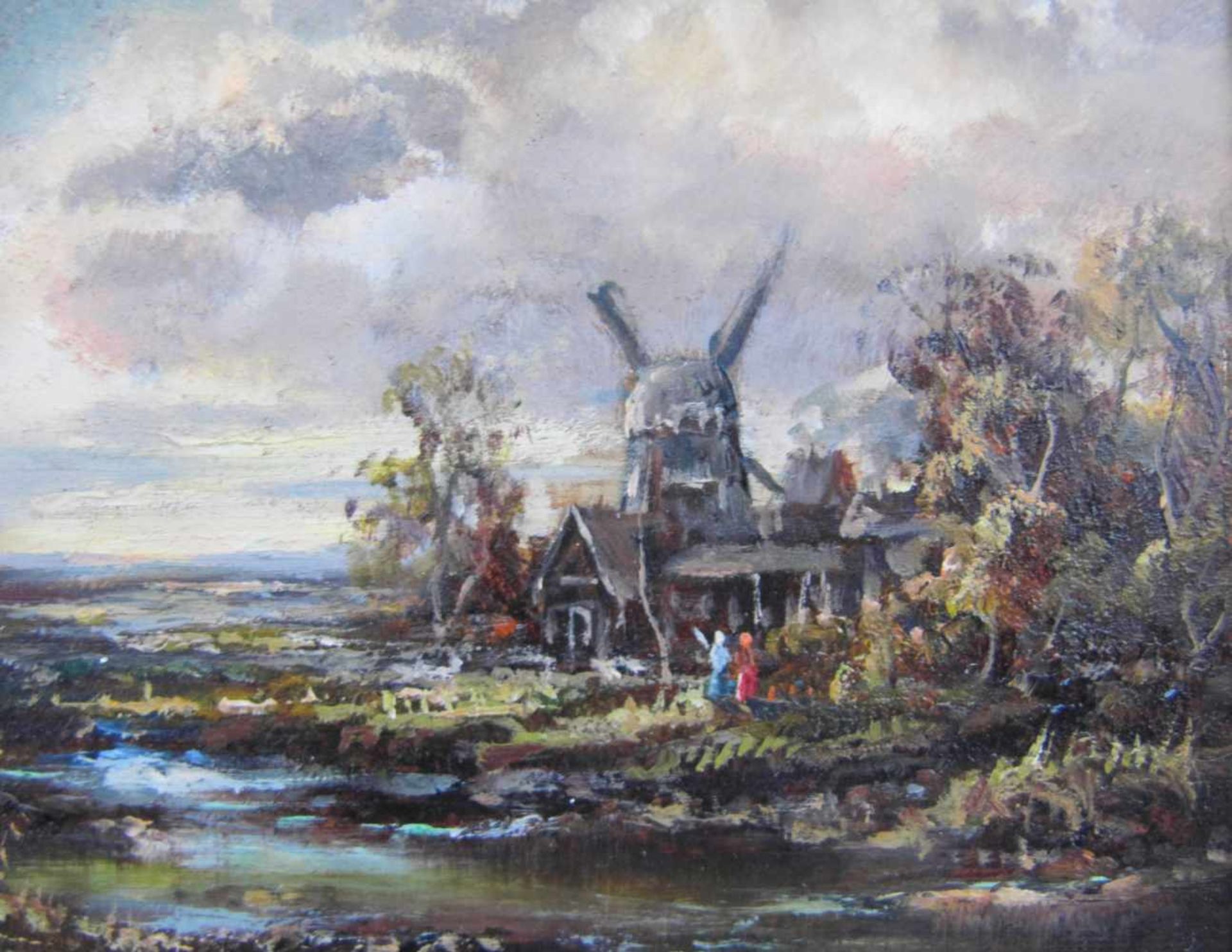 Friedrich Karl Thauer, 1924 München - 2009, Windmühle m. Personen am Fluss, Öl auf Platte, signiert, - Bild 4 aus 6