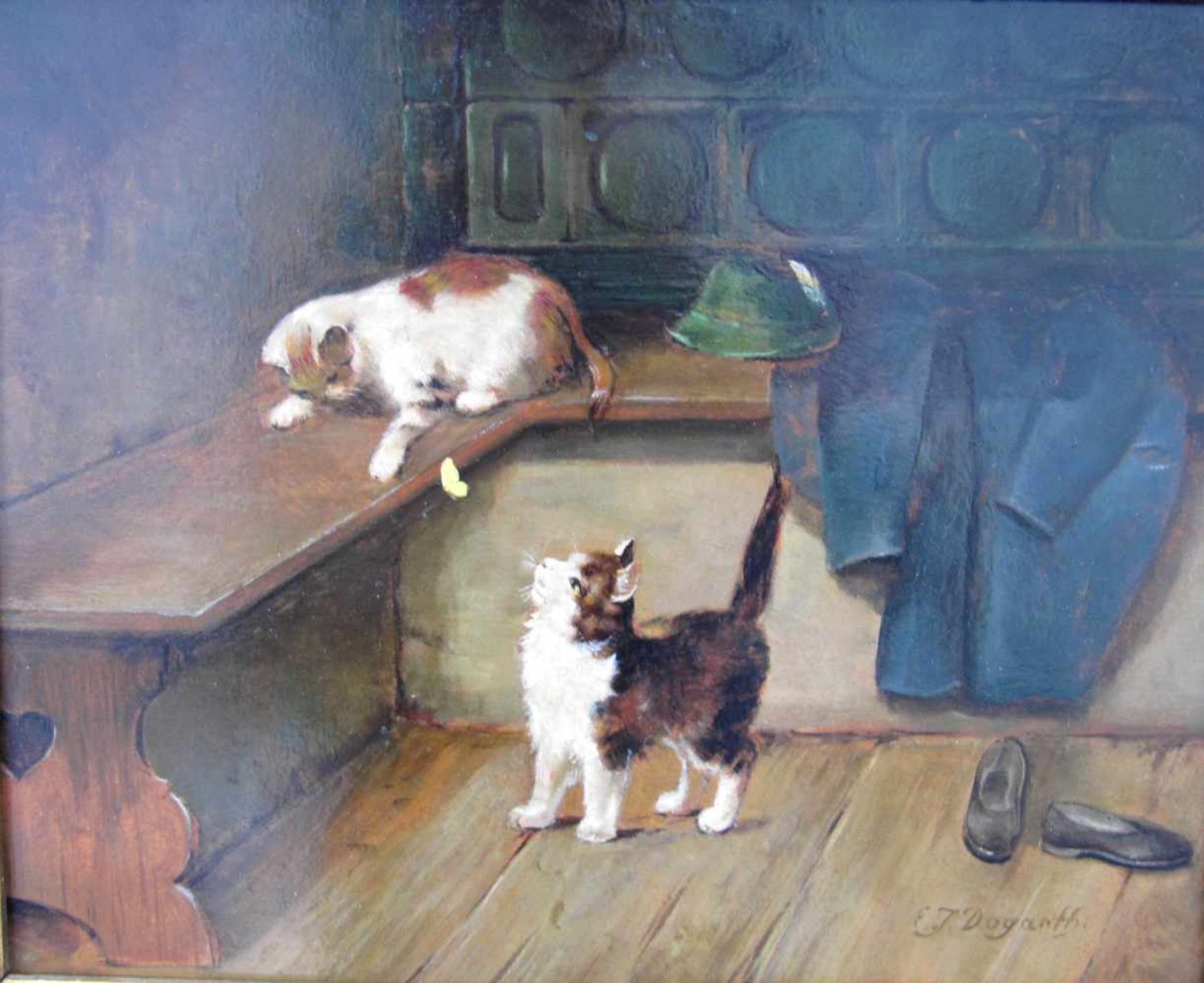 Erich Josef Dogarth, (Österreich *1927 - 2008), Kätzchen mit Schmetterling, Öl auf Platte, m.R. - Bild 2 aus 8