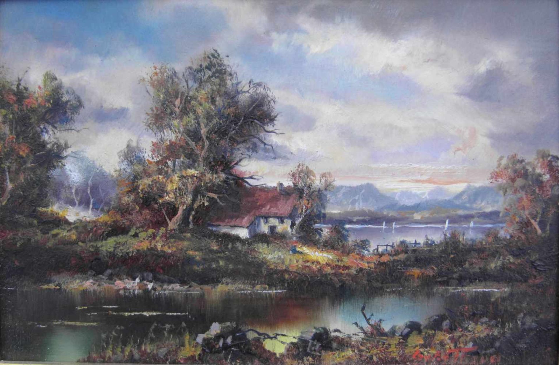 Friedrich Karl Thauer, 1924 München - 2009, Hütte am Fluss, Öl auf Platte, signiert, m.R.Alter ca. - Bild 2 aus 4