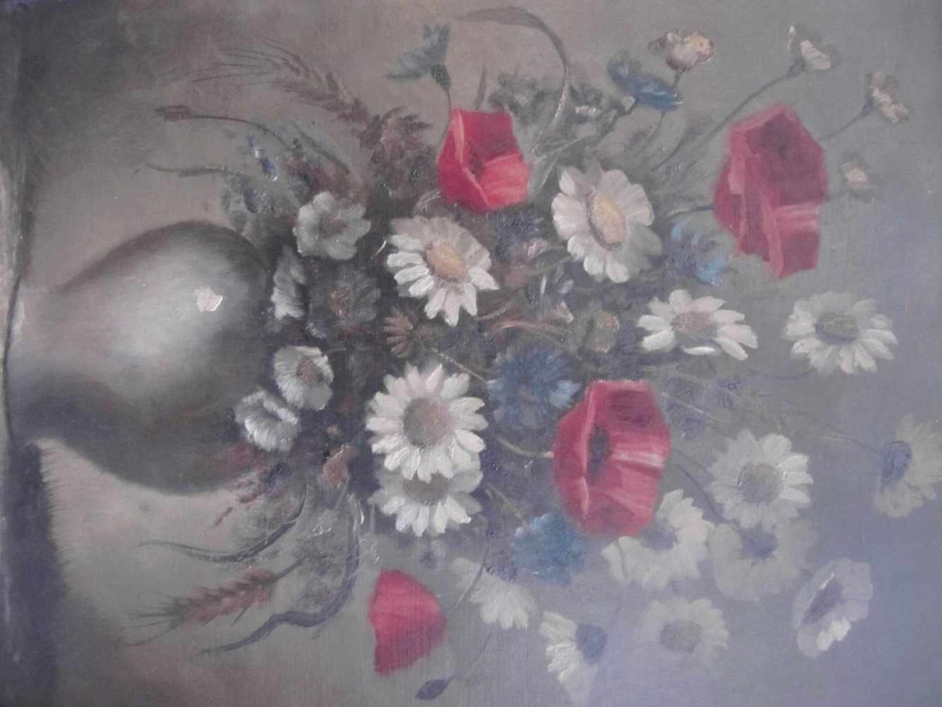 Unbek. Künstler, Margeriten und Mohnblumen in Vase, Stillleben, signiert, 1.H. 20.Jhdt., m. R.Öl auf - Bild 3 aus 5