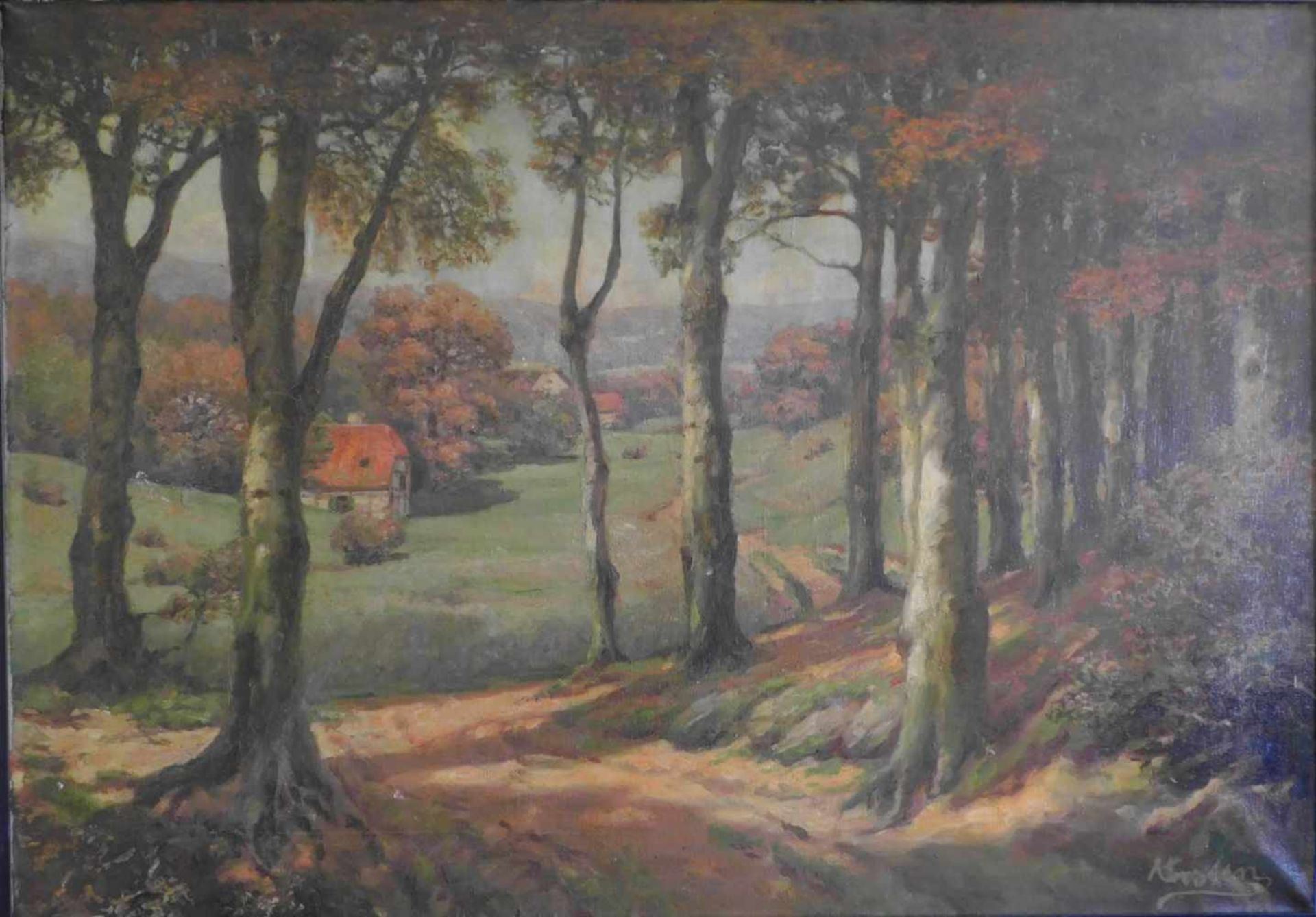 Alois Arnegger, 1879 - 1963 Wien, zugeschrieben, Herbstwald mit Hüttte, Öl auf Leinwand, unten - Bild 2 aus 6