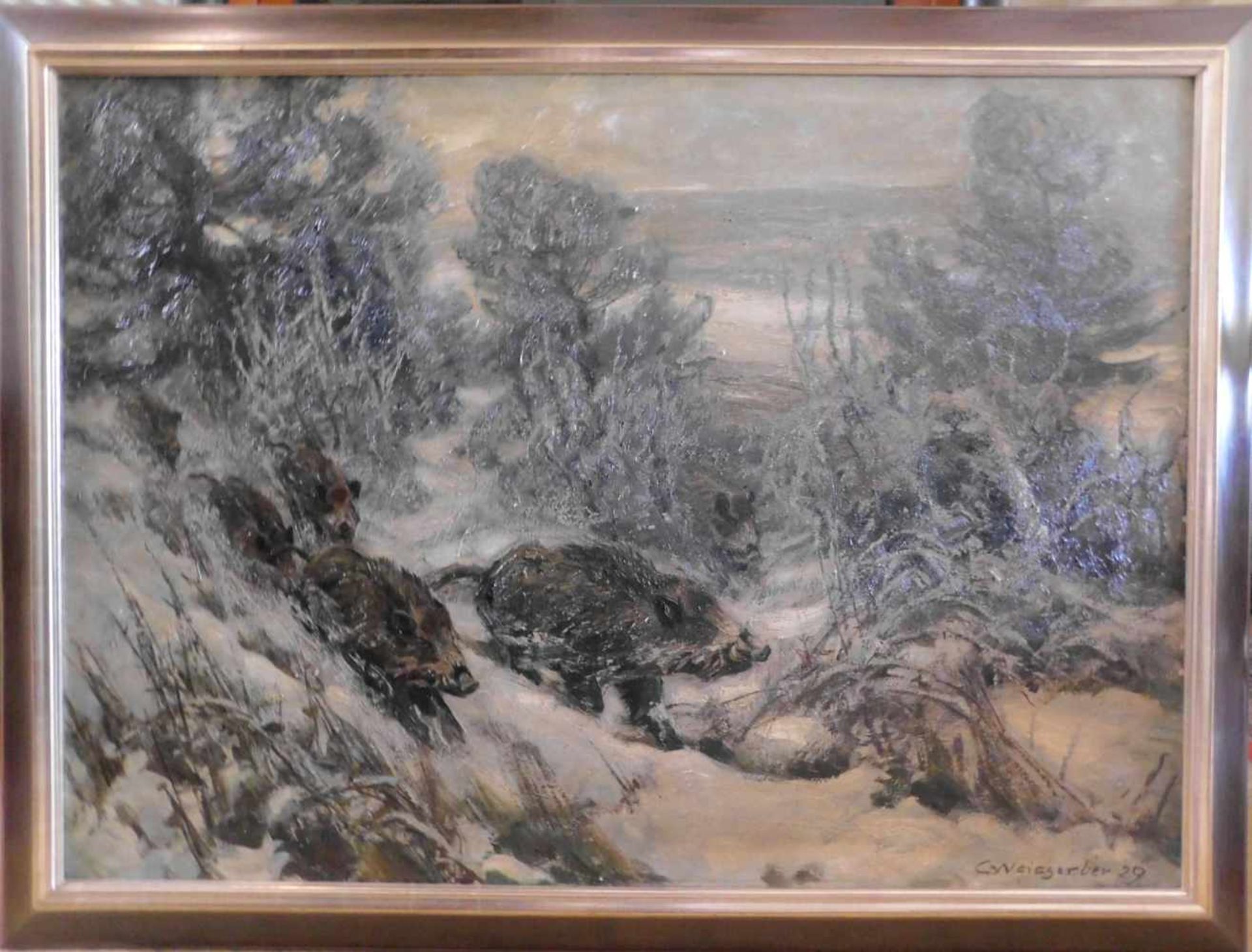 Carl Weisgerber, 1891 Ahrweiler- 1968 Düsseldorf, Wildschweinrotte im Winterwald, Öl auf Leinwand,