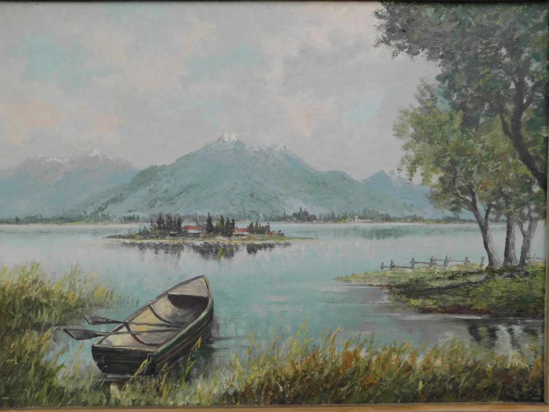 Unbek. Künstler, See im Voralpenland, Öl auf Platte, undeutl. signiert und Datiert (19)52 unten - Image 2 of 5