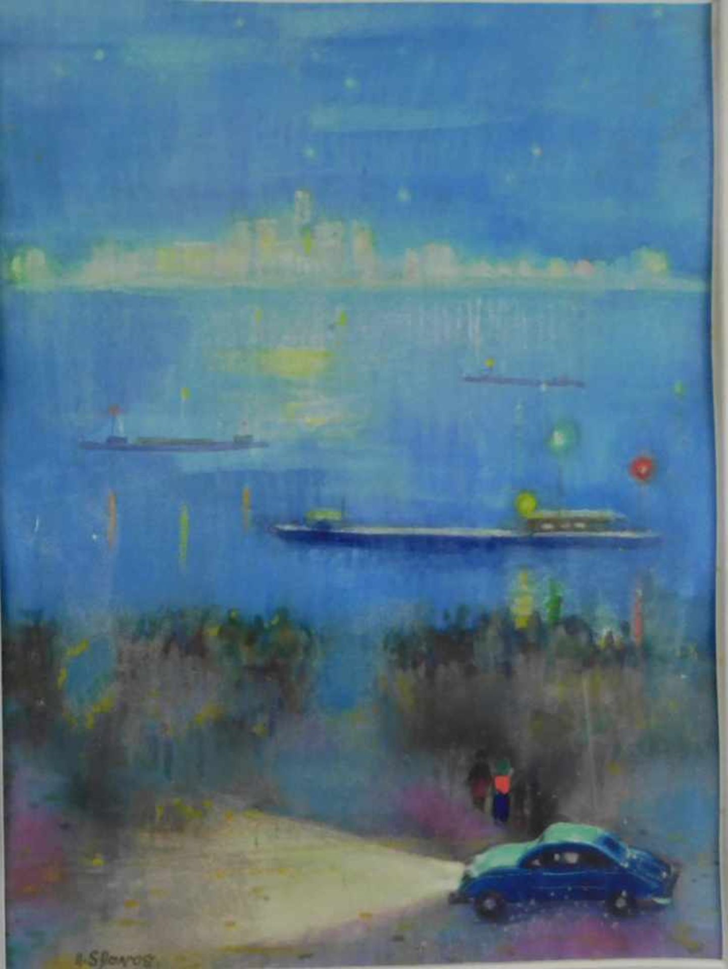 Hans Slavos, 1900 Düsseldorf - 1969 Hagen, Personen mit Auto am Ufer, Aquarell, signiert unten - Bild 2 aus 5