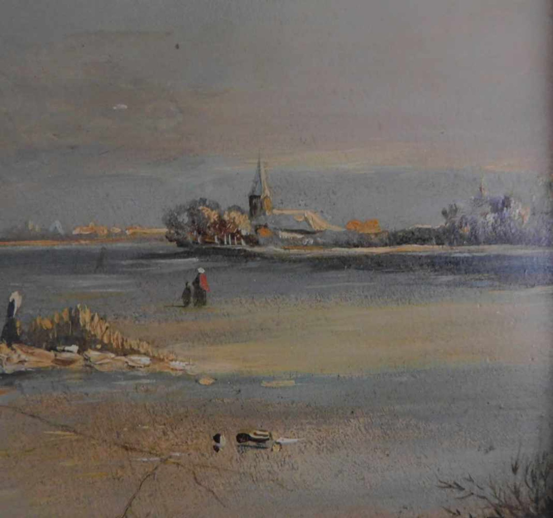 Adrianus Eversen, 1818 Amsterdam - 1897 Delft, Winterliche Flussansicht mit Häusern u. Personen, - Bild 3 aus 6