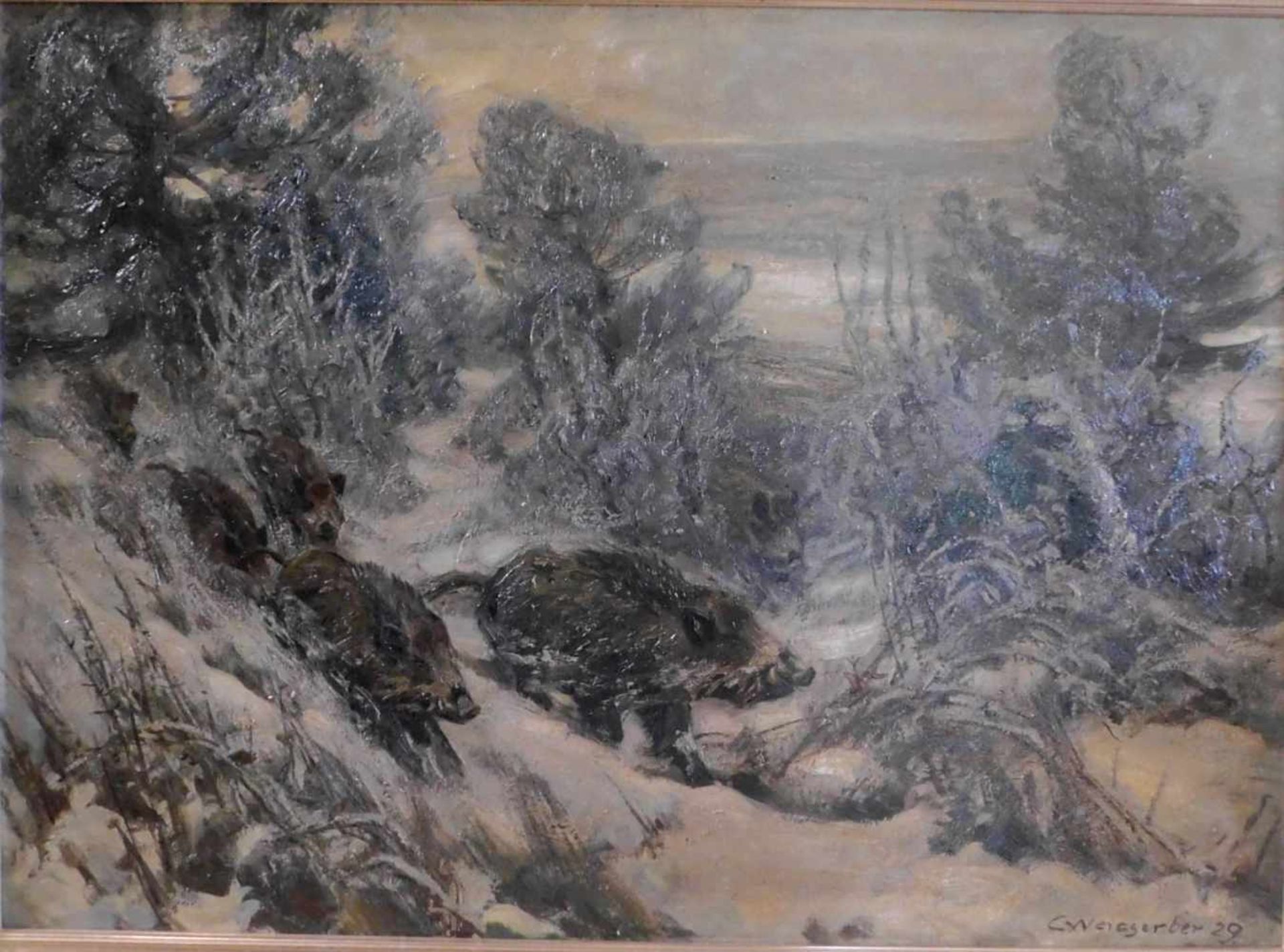 Carl Weisgerber, 1891 Ahrweiler- 1968 Düsseldorf, Wildschweinrotte im Winterwald, Öl auf Leinwand, - Bild 2 aus 7