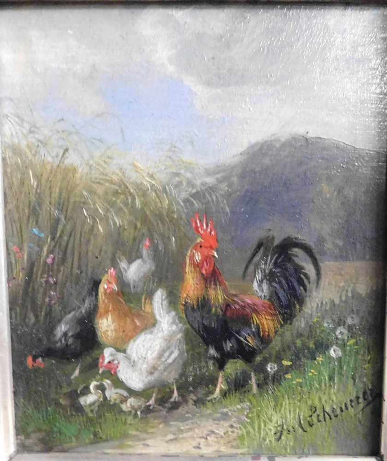 Julius Scheuerer, 1859 München bis 1913 Planegg, Hühnerschar mit Hahn, Öl auf Platte, signiert, m. - Bild 2 aus 4