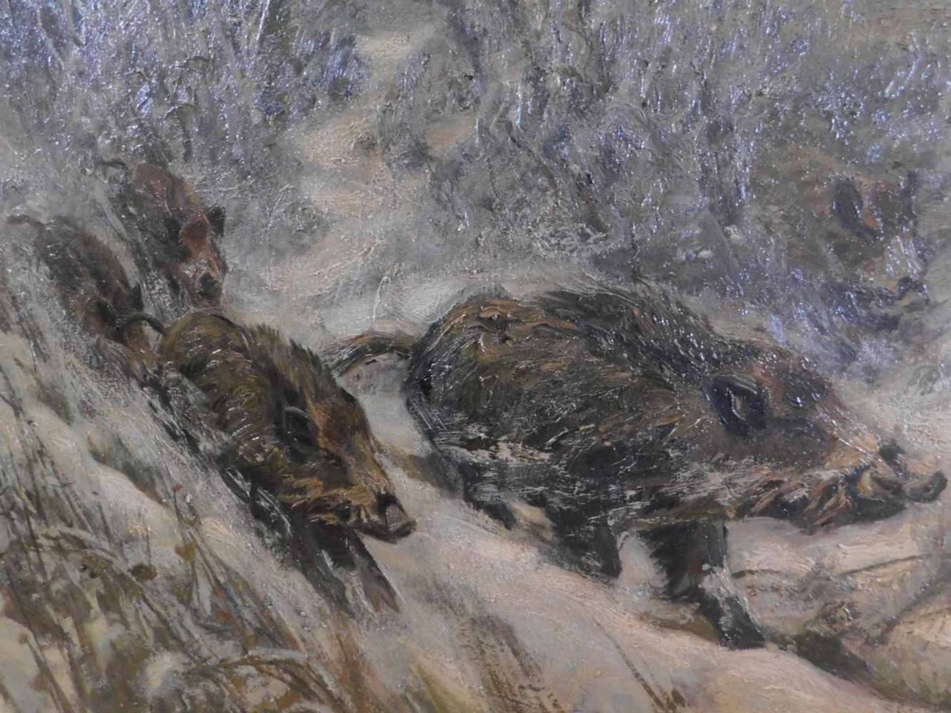 Carl Weisgerber, 1891 Ahrweiler- 1968 Düsseldorf, Wildschweinrotte im Winterwald, Öl auf Leinwand, - Bild 3 aus 7