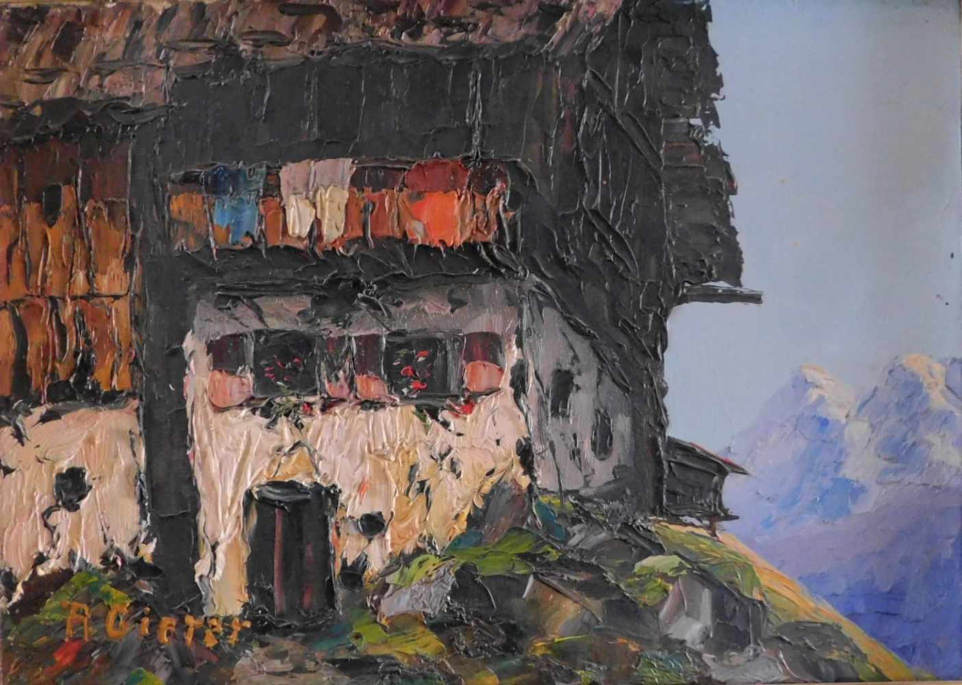 F. Gierer, Hütte am Arlberg, Öl auf Leinwand, signiert unten links, Mitte 20. Jhdt., m.R. - Image 3 of 6