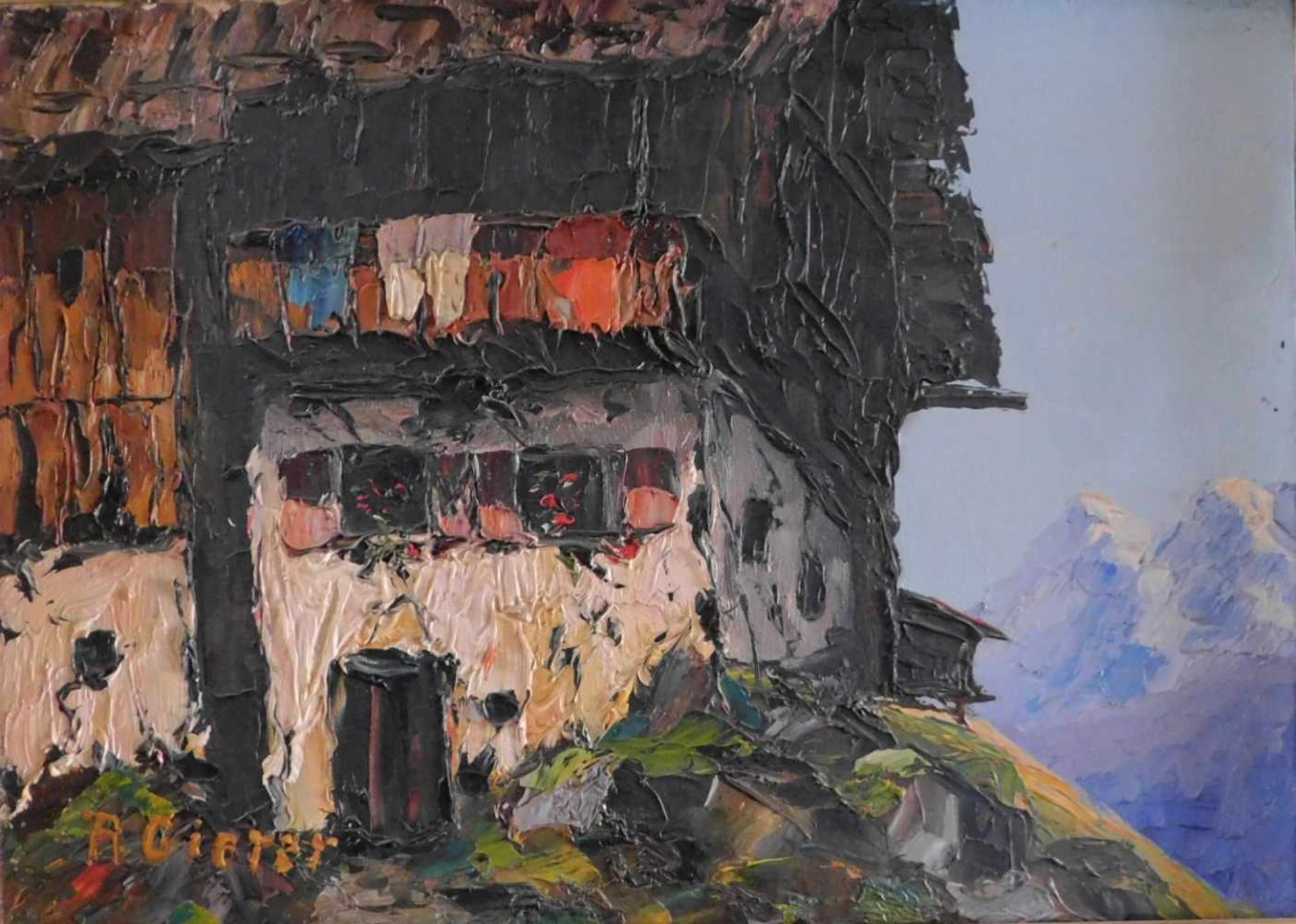 F. Gierer, Hütte am Arlberg, Öl auf Leinwand, signiert unten links, Mitte 20. Jhdt., m.R. - Bild 3 aus 6