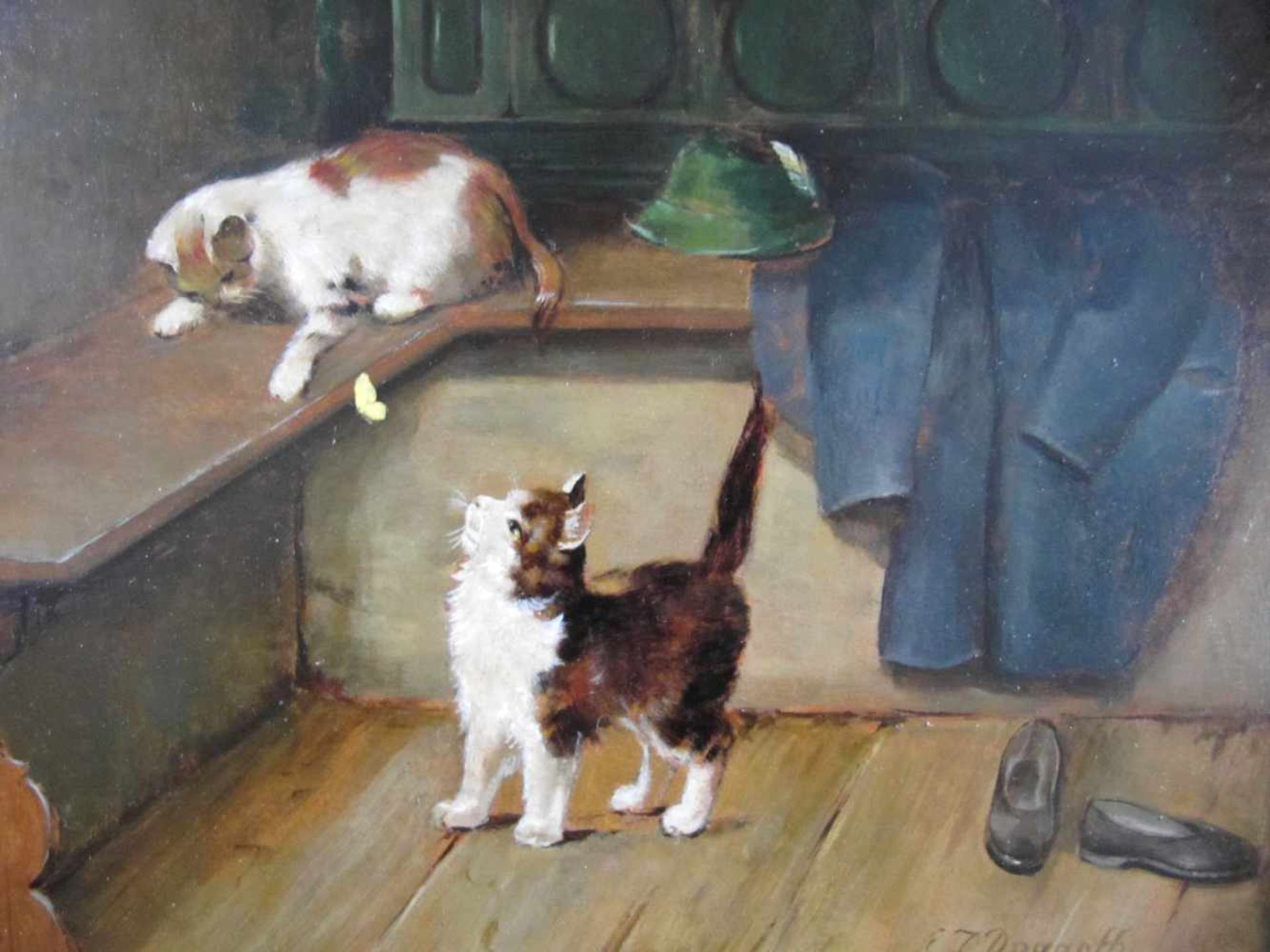 Erich Josef Dogarth, (Österreich *1927 - 2008), Kätzchen mit Schmetterling, Öl auf Platte, m.R. - Bild 7 aus 8