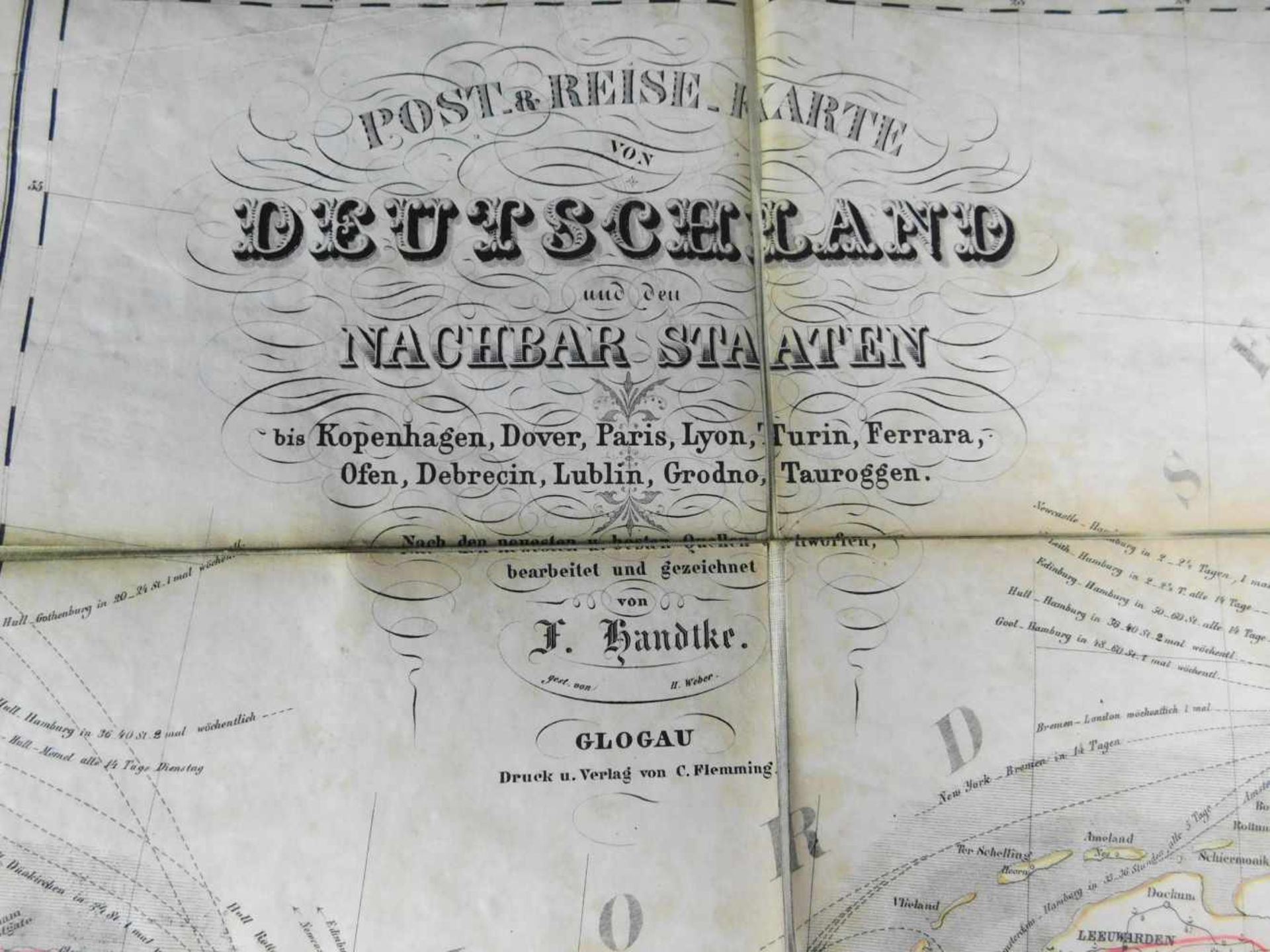 Post-, Reise- u. Eisenbahnkarte, 1866, Deutschland und angrenzende Länder, handcoloriert, Papier auf - Image 3 of 6