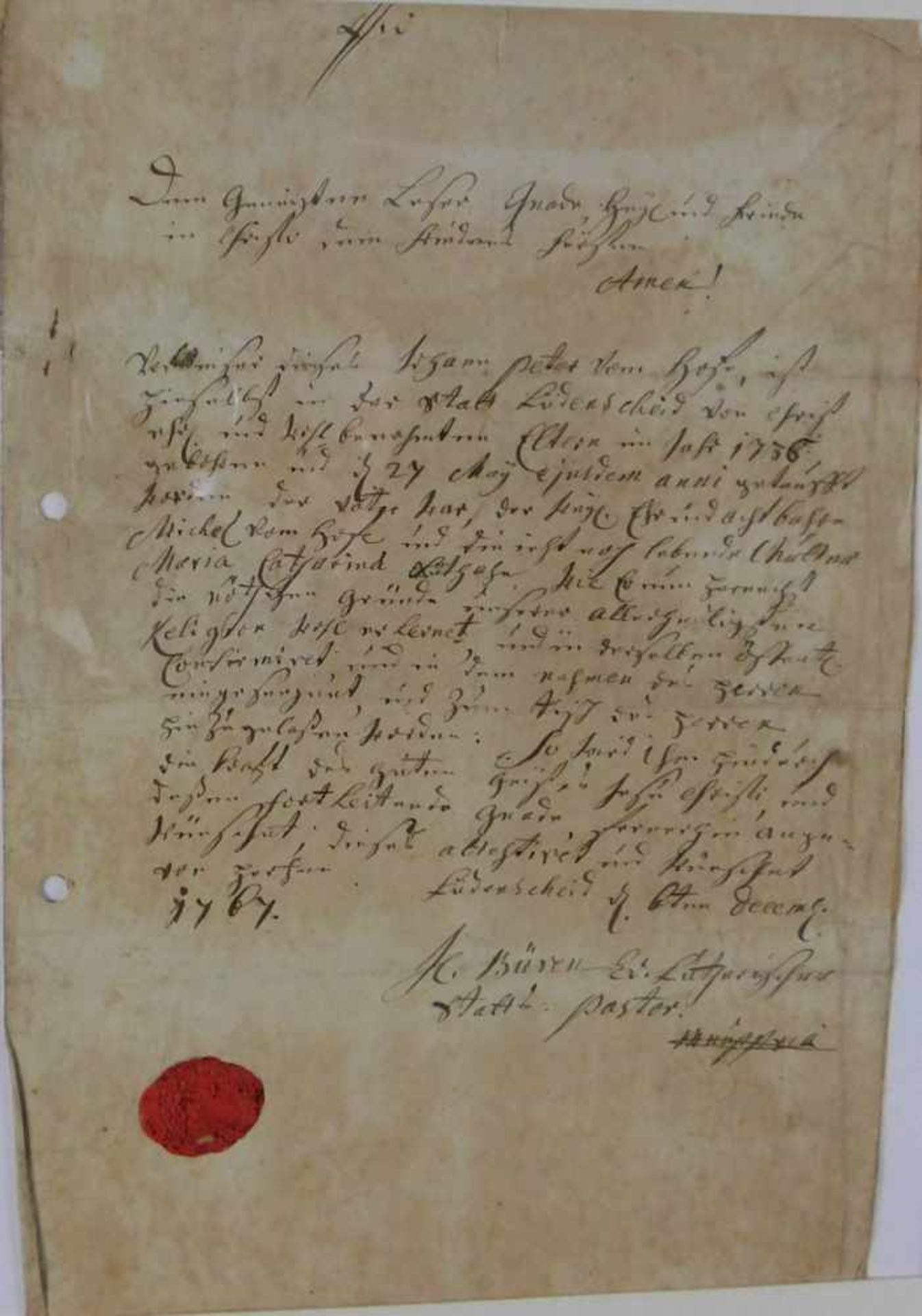 Taufbrief, Pastorat Lüdenscheid von 1767 mit Siegel, gerahmt hinter Glas, Höhe 28 cm und Breite 19,5 - Bild 2 aus 4