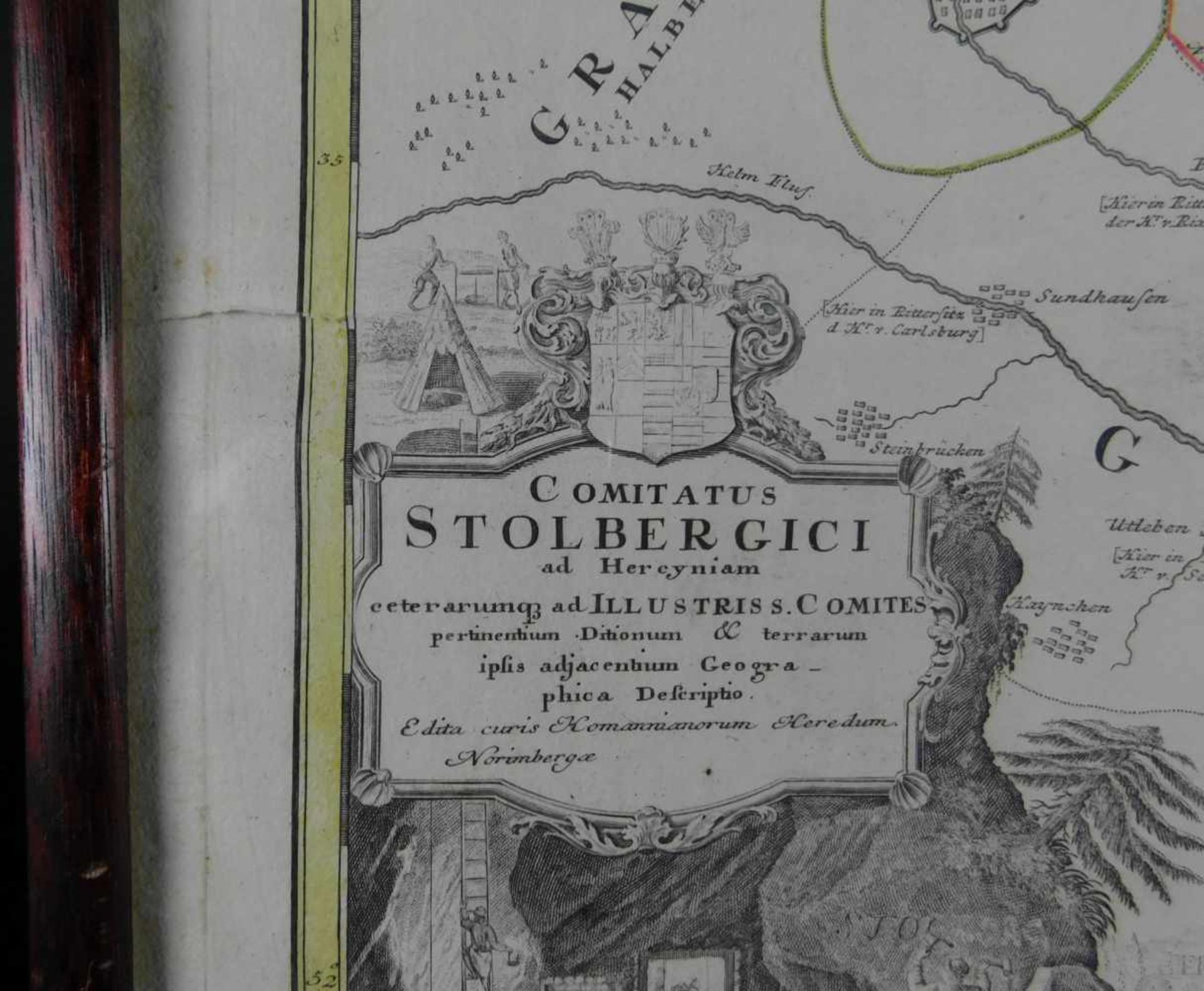 Landkarte, Grafschaft Stolberg, von 1736, gerahmt hinter Glas, Maße Höhe 49 cm und Breite 60 - Bild 4 aus 5