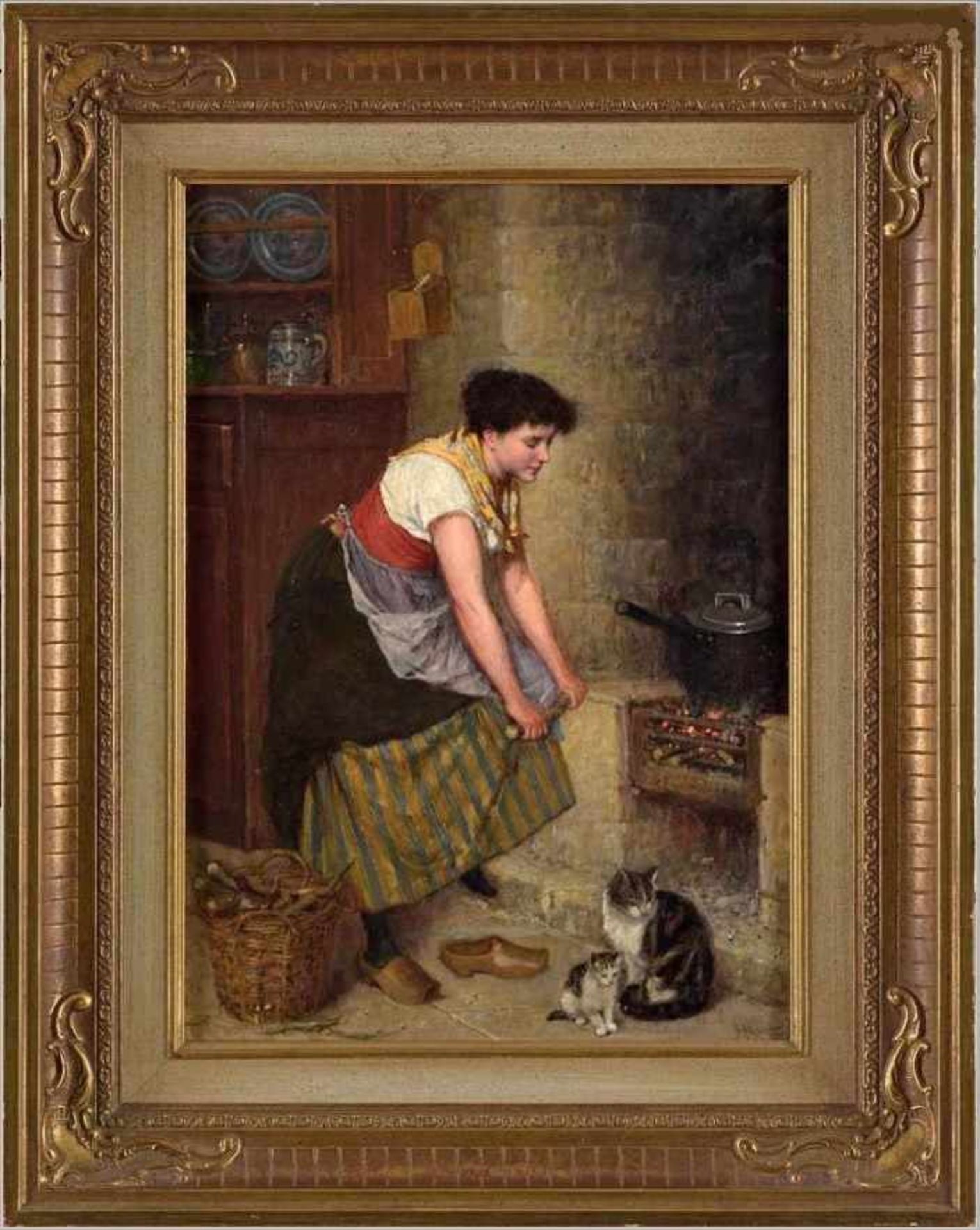 Haynes King, 1831 Barbados - 1904 London, Junge Frau beim Kochen, Öl auf Holz, signiert unten