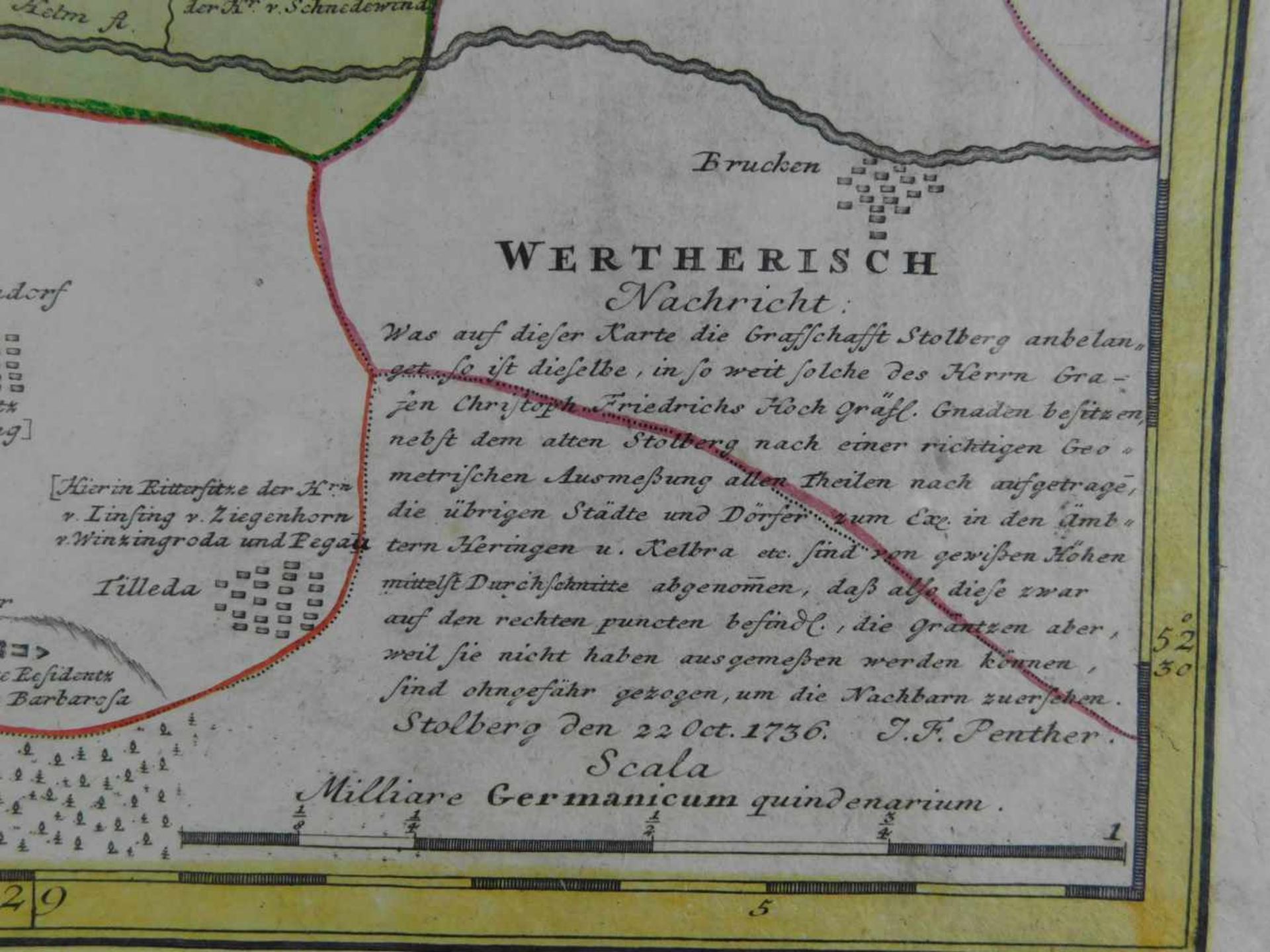 Landkarte, Grafschaft Stolberg, von 1736, gerahmt hinter Glas, Maße Höhe 49 cm und Breite 60 - Bild 5 aus 5