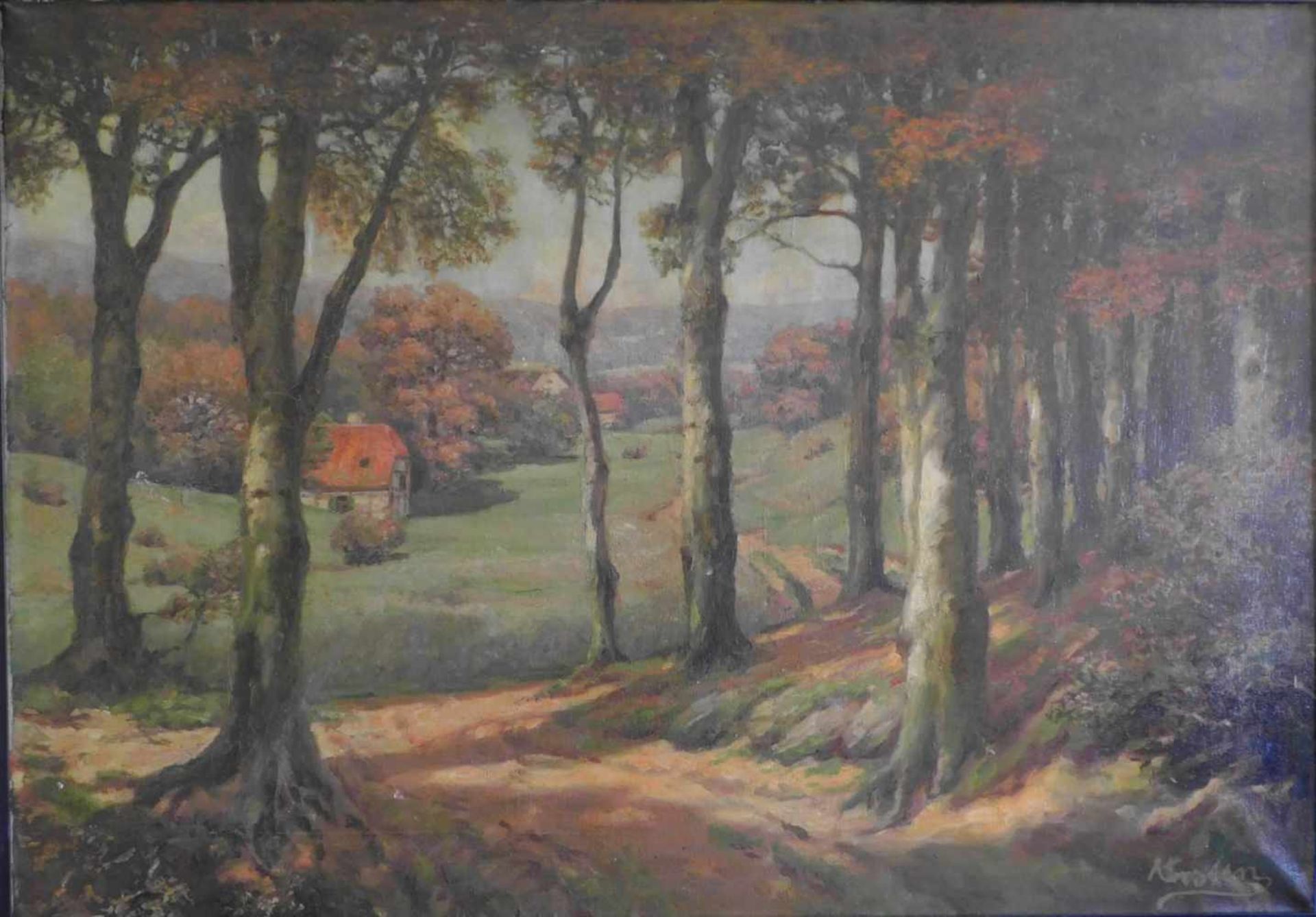 Alois Arnegger, 1879 - 1963 Wien, zugeschrieben, Herbstwald mit Hüttte, Öl auf Leinwand, unten - Bild 5 aus 5