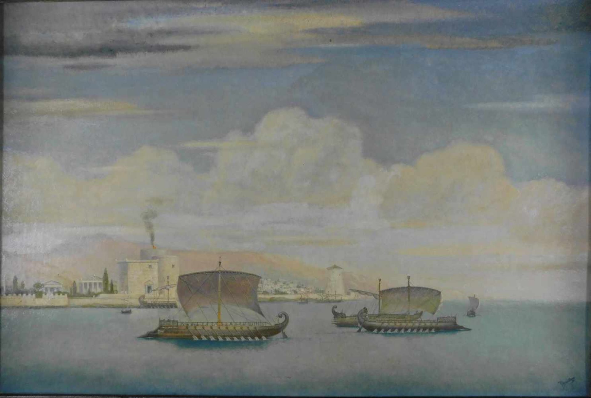 Paul Schmitz, 1910 - 1975, Altgriechischer Hafen, Öl auf Platte, signiert unten rechts, m. R. - Bild 2 aus 8