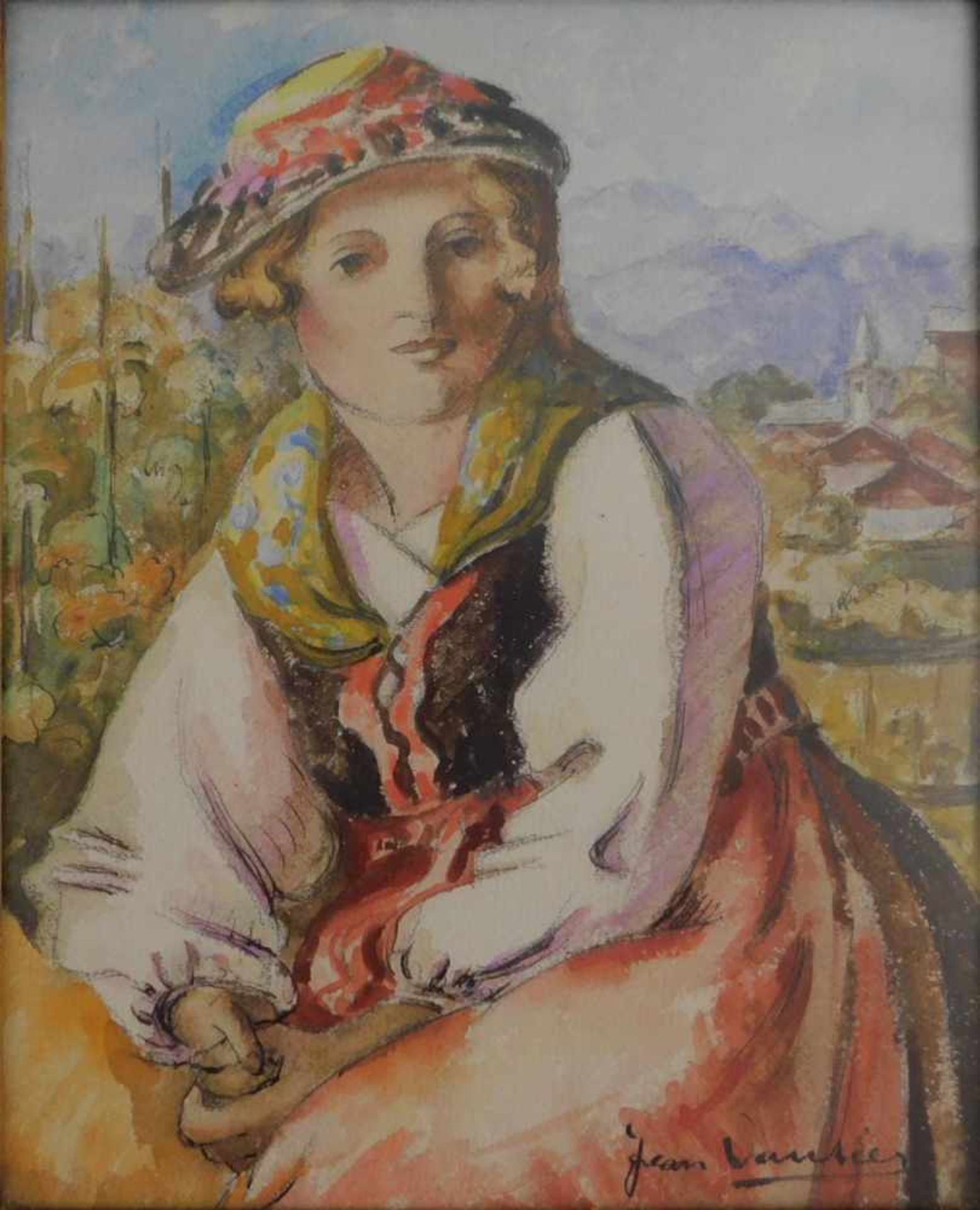 Jean (Hans) Vautier, 1891 Zürich – 1979 ebenda, Mädchen in Tracht, St. Moritz 1934, Aquarell auf - Bild 2 aus 4