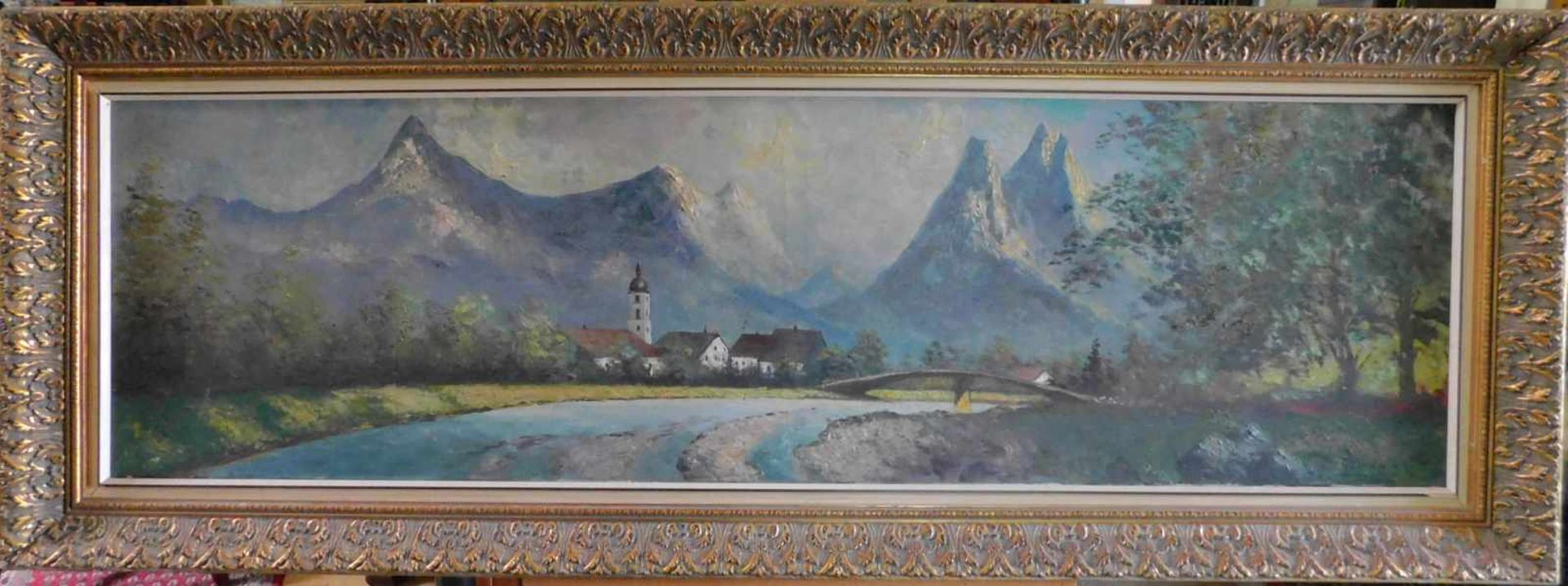 Unbek. Künstler, Blick auf Ramsau, großes Panorama, Öl auf Leinwand, signiert unten rechts, m.R.Maße