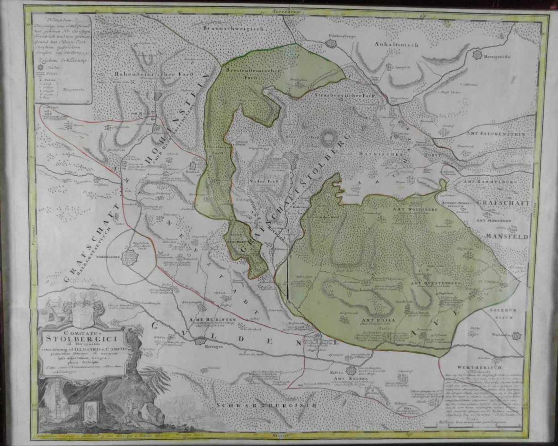 Landkarte, Grafschaft Stolberg, von 1736, gerahmt hinter Glas, Maße Höhe 49 cm und Breite 60
