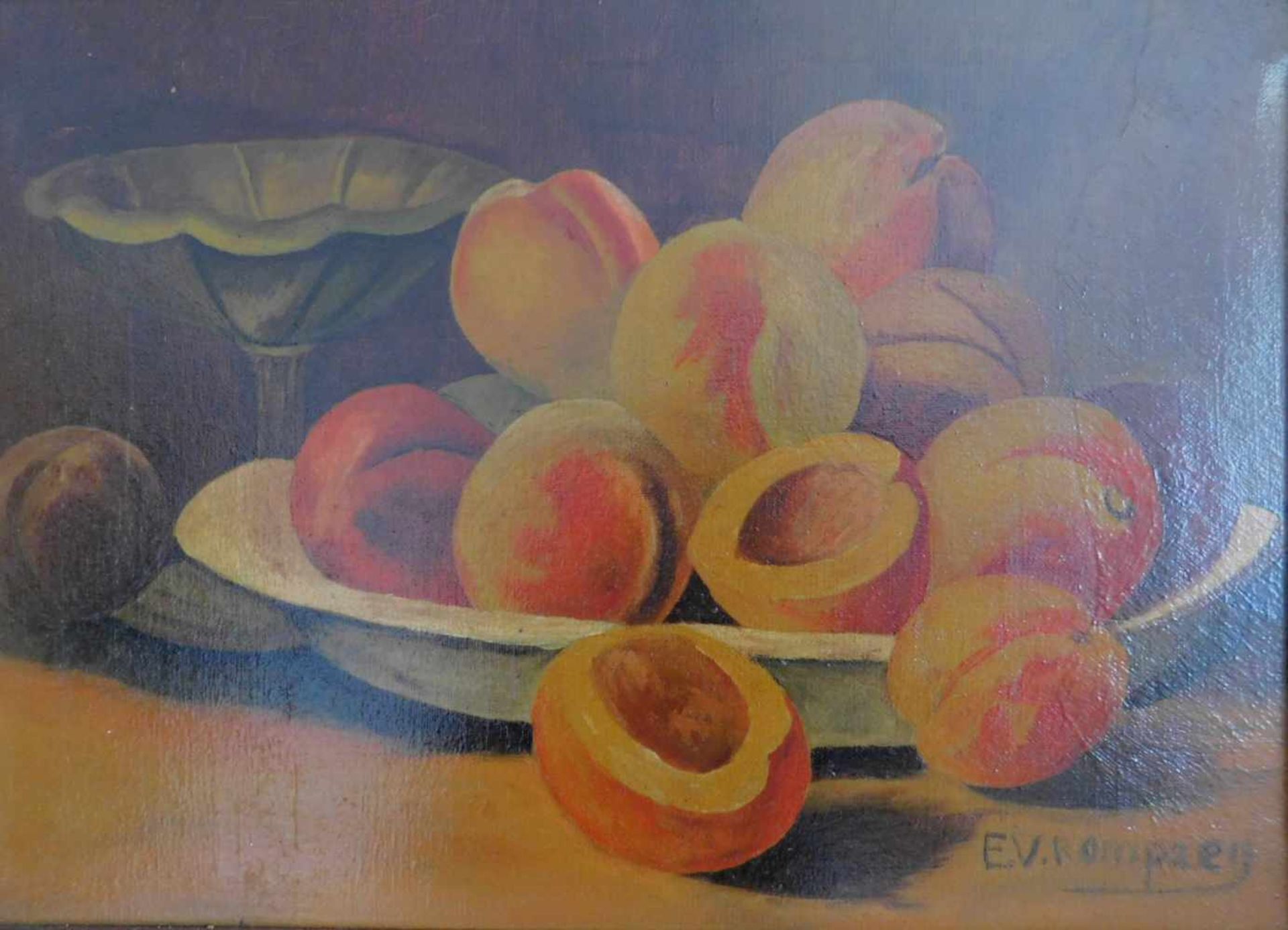E.V.Rompaey, Stillleben mit Pfirsichen,Öl auf Leinwand, signiert unten rechts1.H.20.Jhdt,,, Maße o. - Bild 3 aus 4